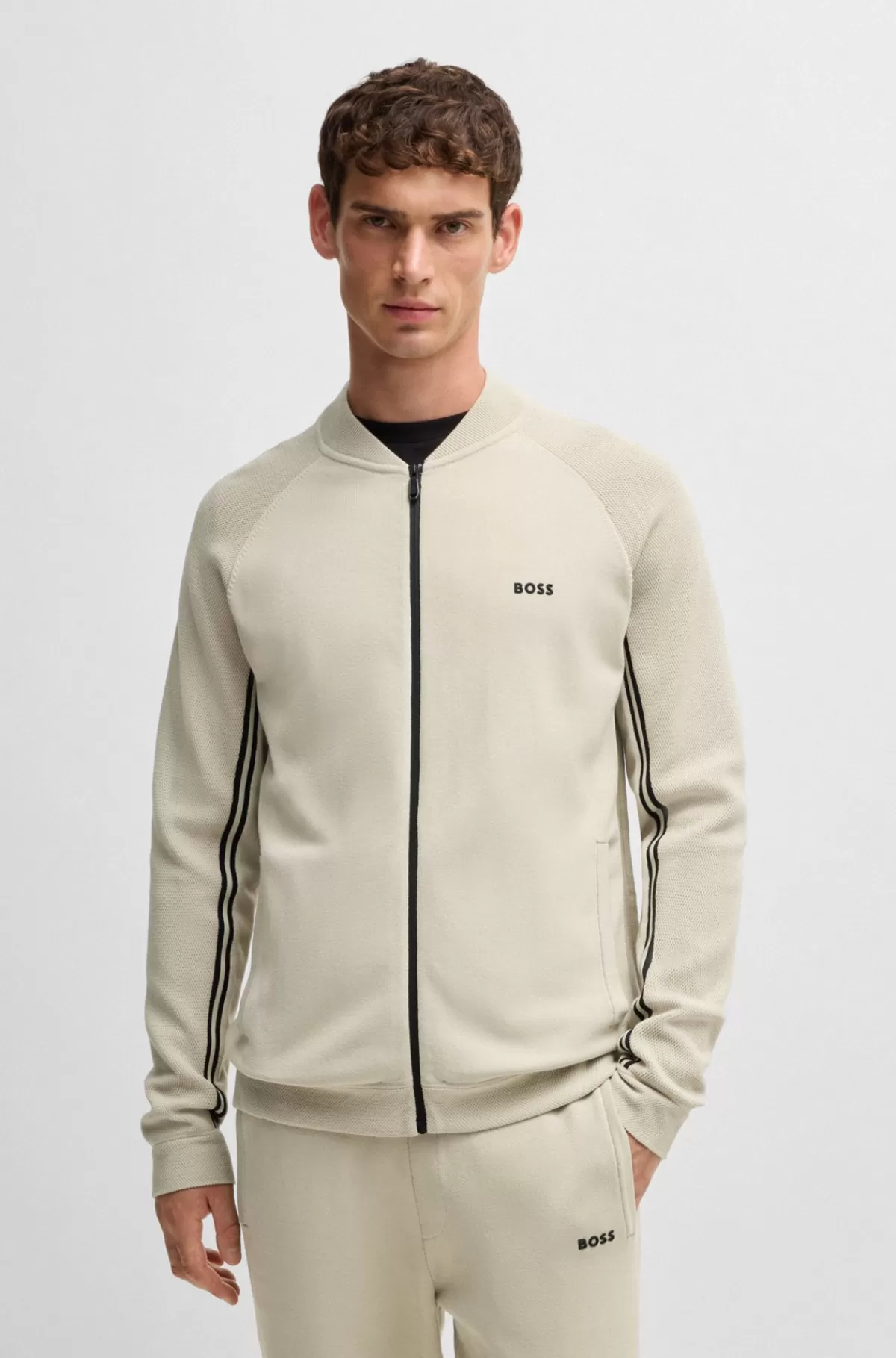 HUGO BOSS Strikket Cardigan Med Lynlås Og Striber I Mikrostruktur Lys beige Cheap