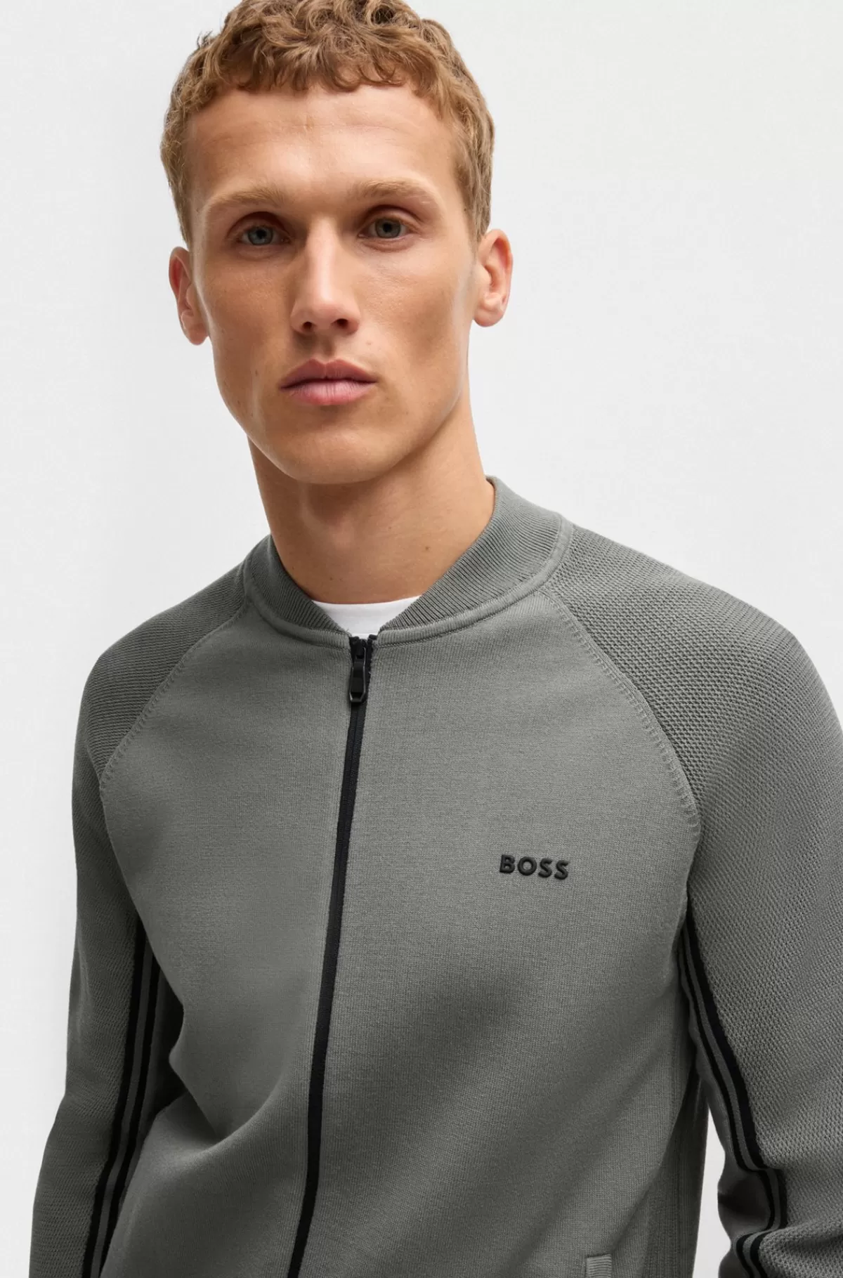HUGO BOSS Strikket Cardigan Med Lynlås Og Striber I Mikrostruktur Grå Best Sale
