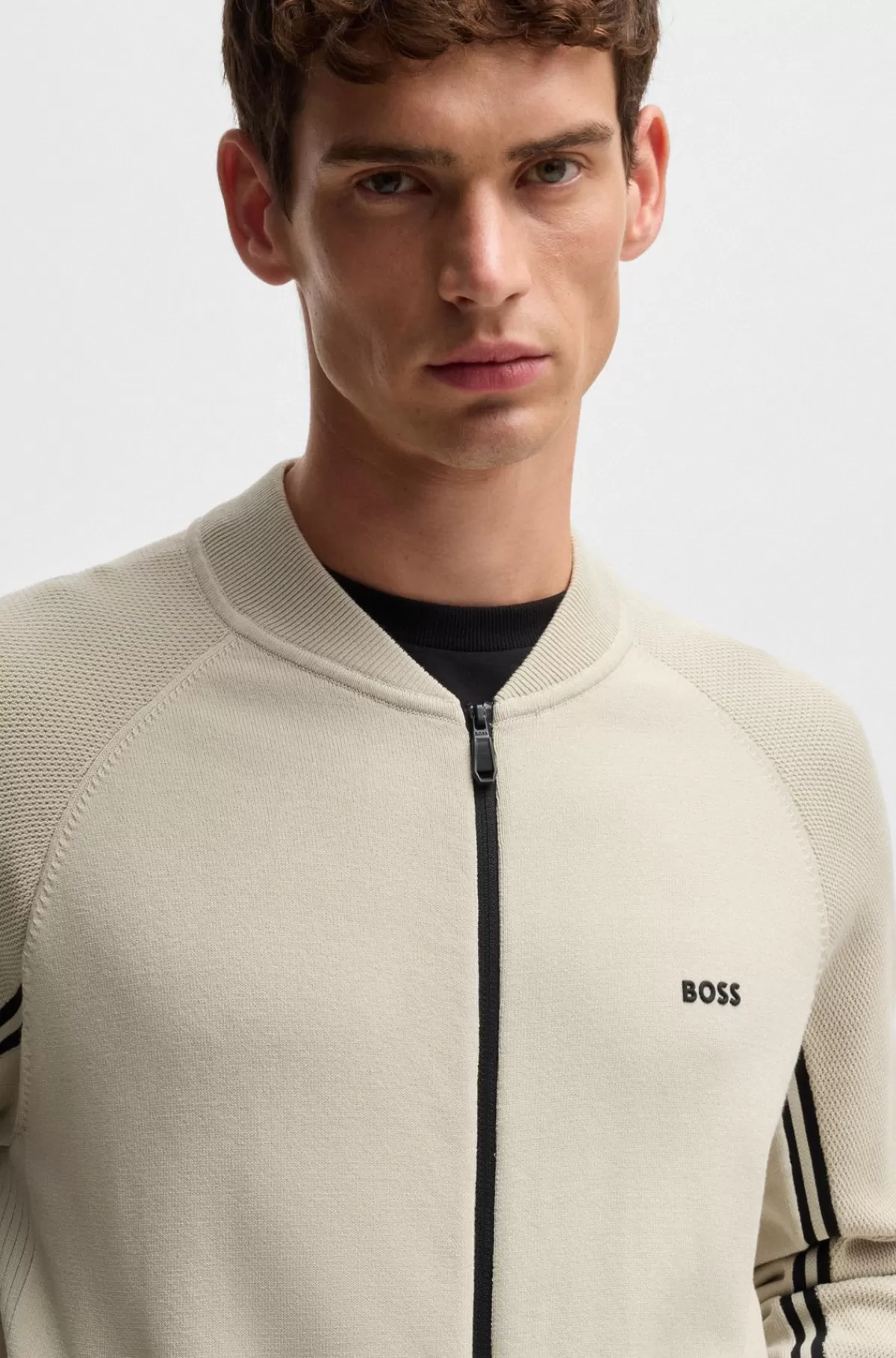 HUGO BOSS Strikket Cardigan Med Lynlås Og Striber I Mikrostruktur Lys beige Cheap