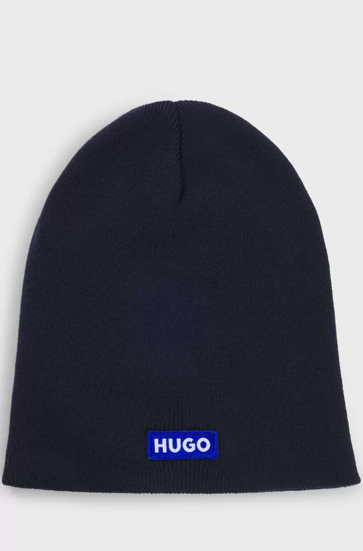HUGO BOSS Strikket Hue I Bomuld Med Blåt Logomærkat Mørkeblå Fashion