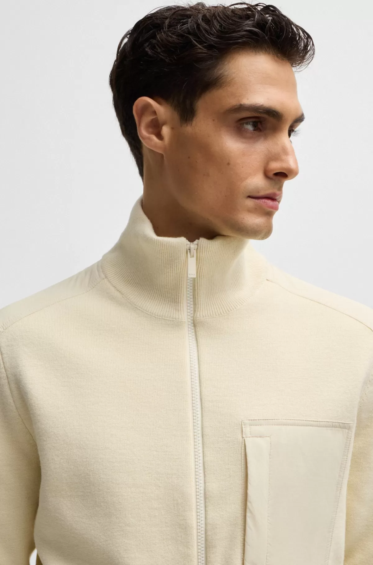 HUGO BOSS Strikket Jakke I Blandede Materialer Med Vattering Og ærmekanter I Rib Naturlig Online