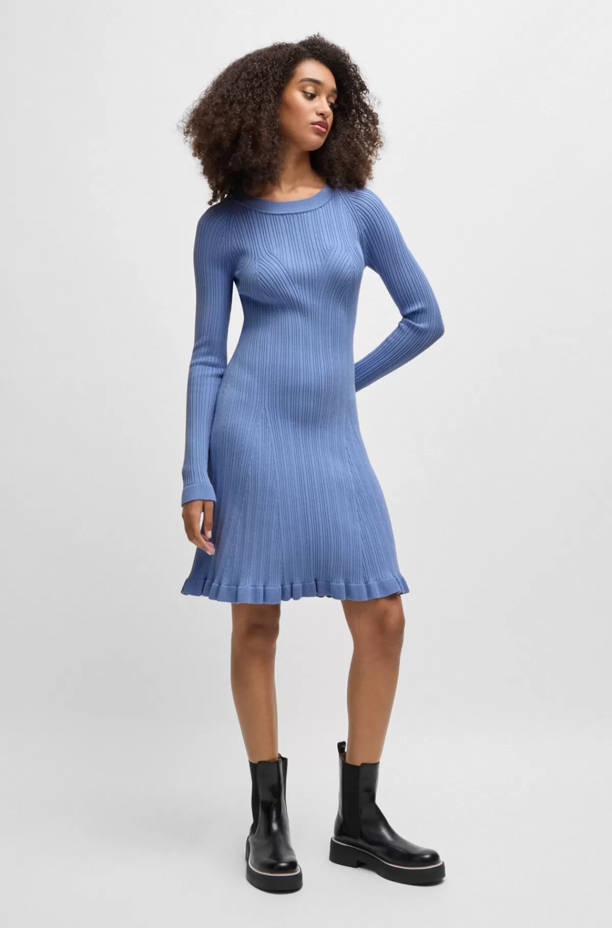 HUGO BOSS Strikket Kjole Med Lange ærmer Og Ribstruktur Lyseblå Flash Sale