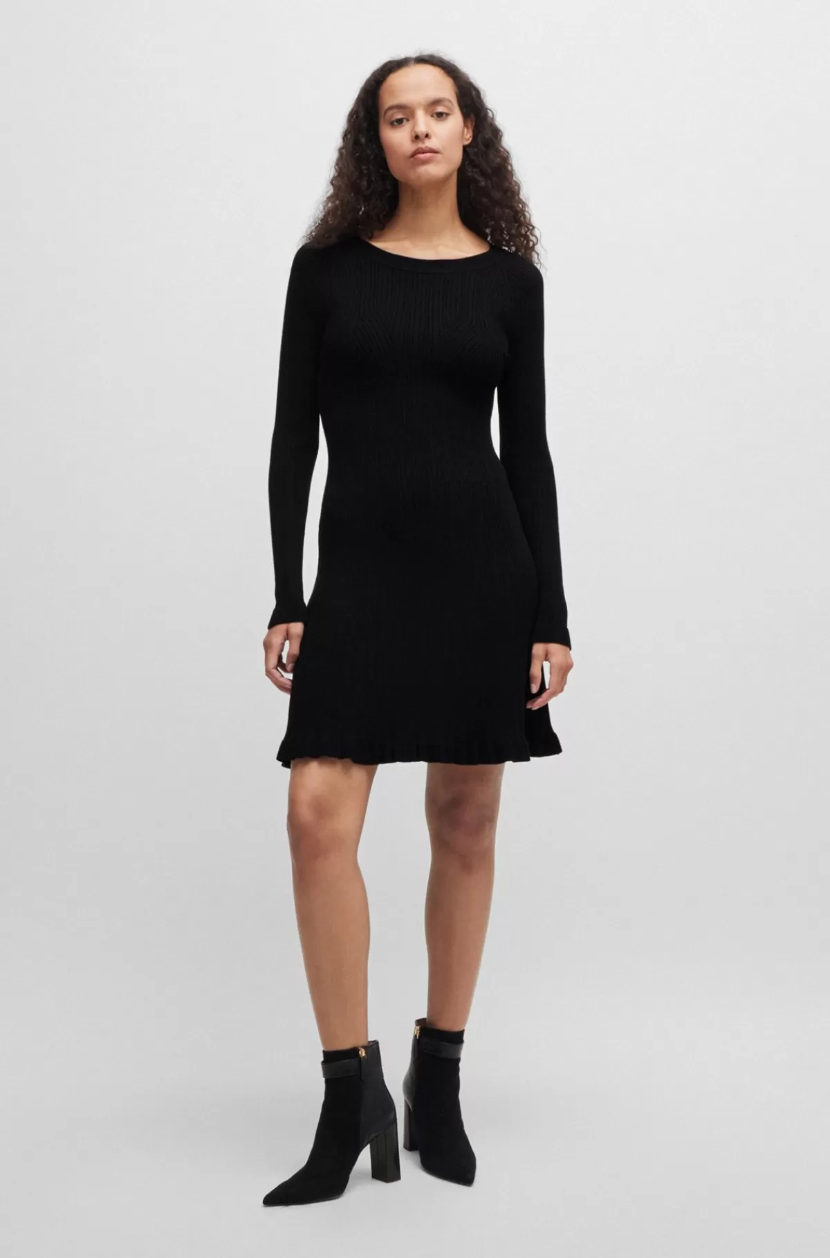 HUGO BOSS Strikket Kjole Med Lange ærmer Og Ribstruktur Sort Best Sale