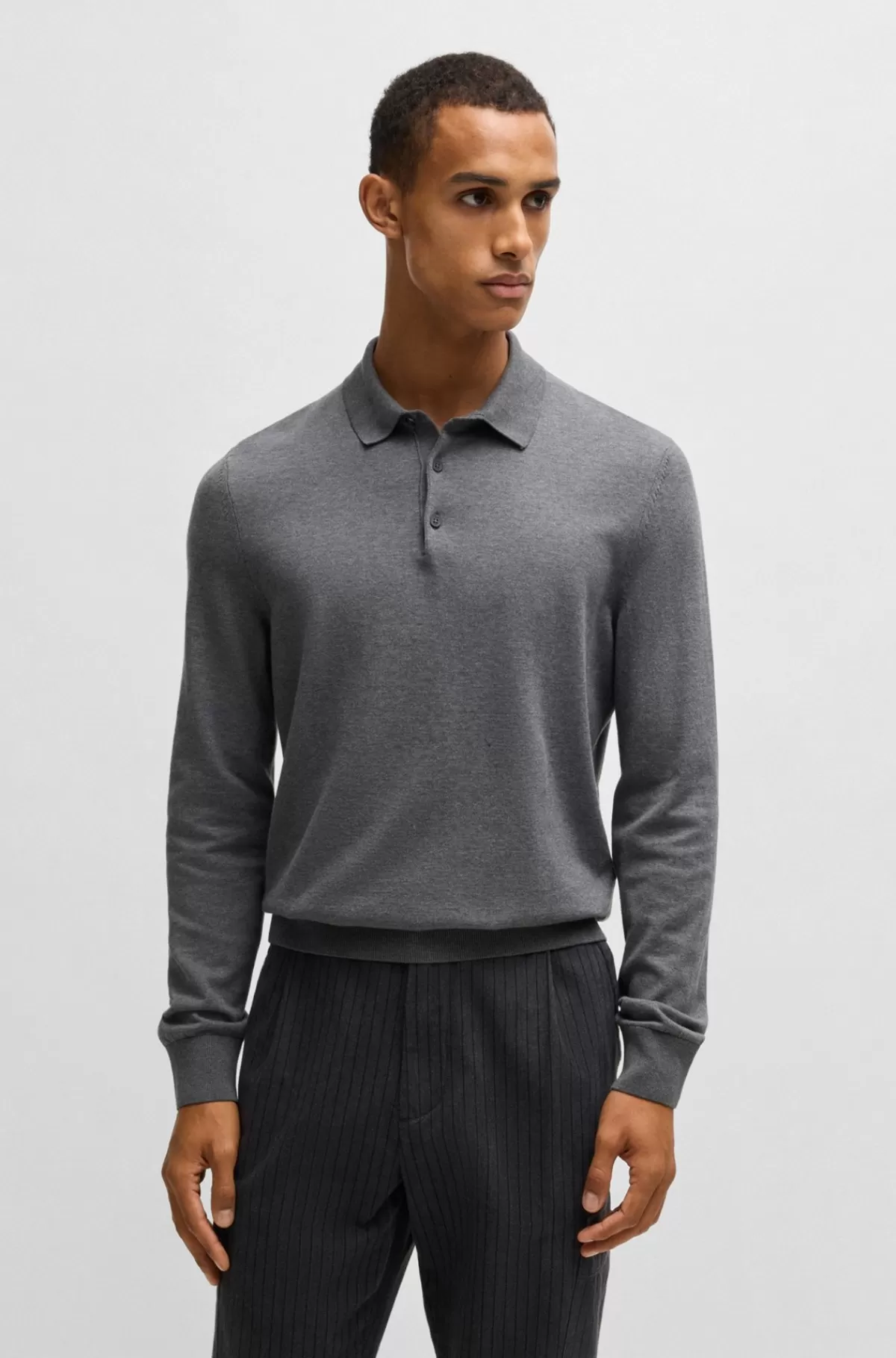 HUGO BOSS Strikket Polosweater Med Regular Fit I Bomuldsjersey Grå Hot