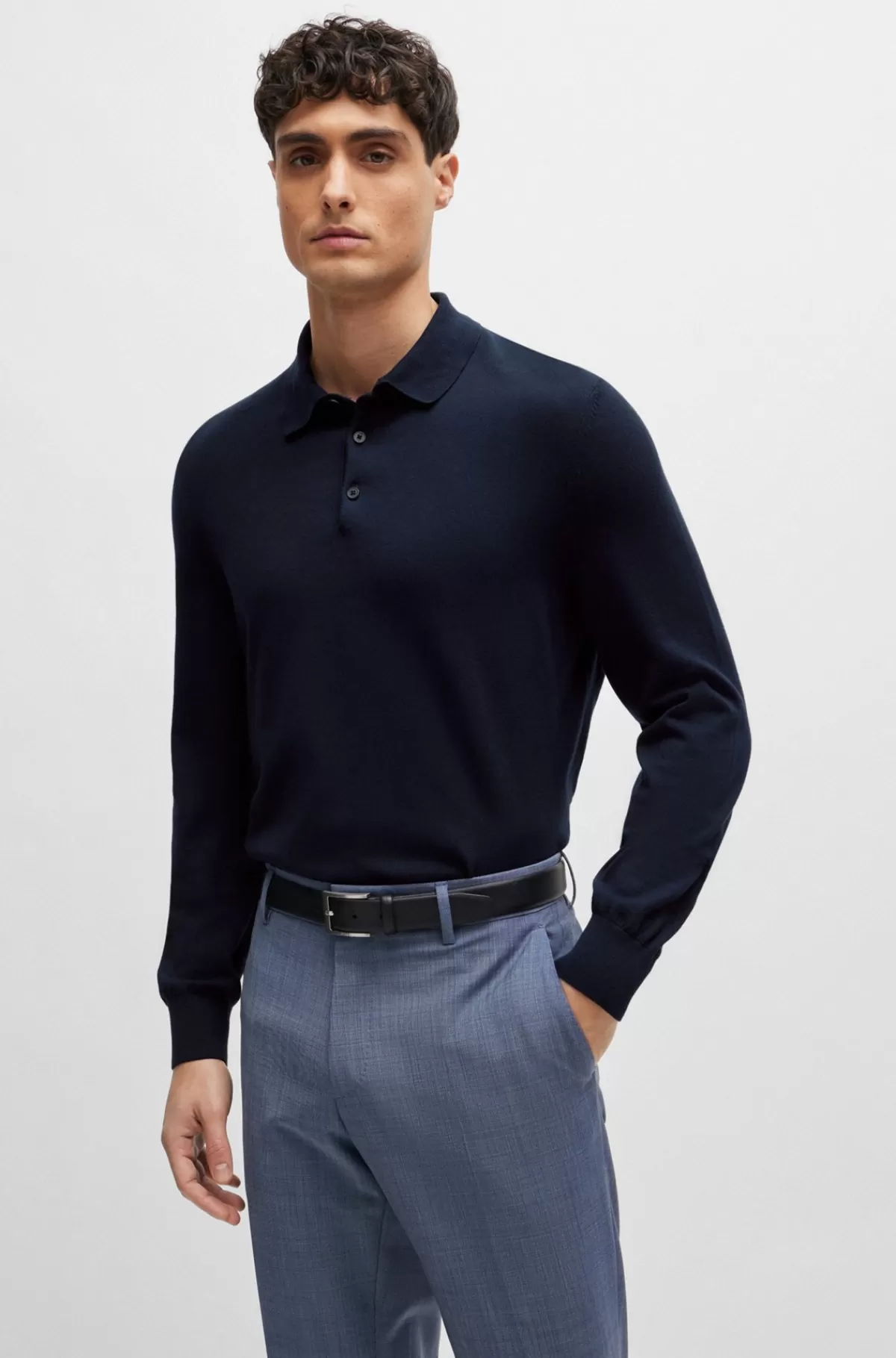 HUGO BOSS Strikket Polosweater Med Regular Fit I Bomuldsjersey Mørkeblå Hot