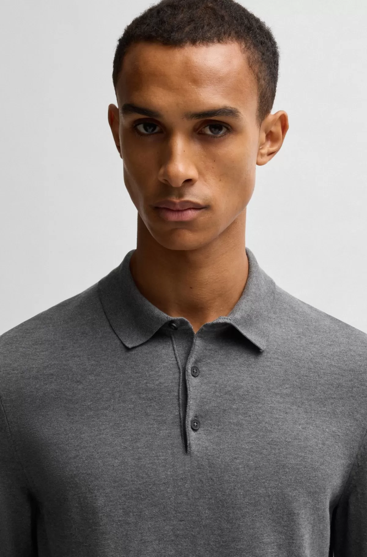 HUGO BOSS Strikket Polosweater Med Regular Fit I Bomuldsjersey Grå Hot