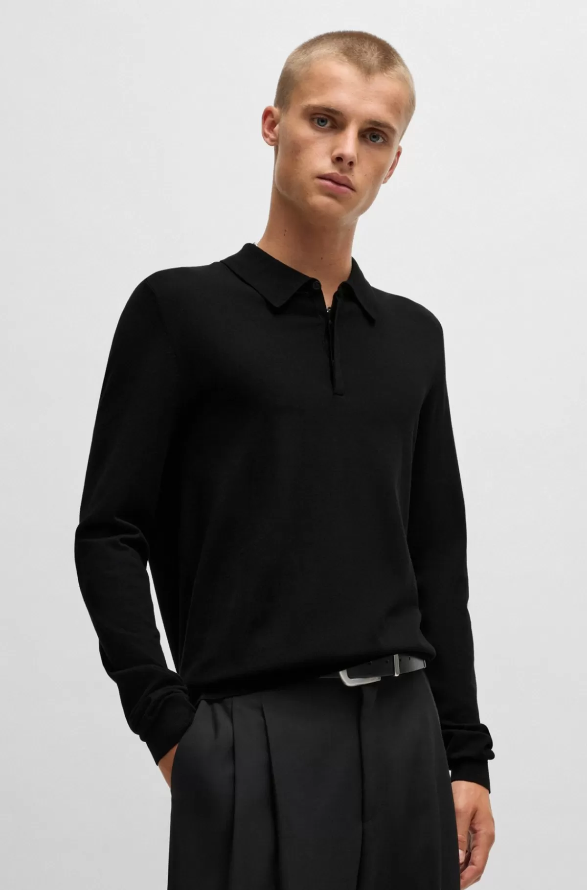 HUGO BOSS Strikket Slim Fit Polosweater Med Skjult Stolpelukning Sort Hot