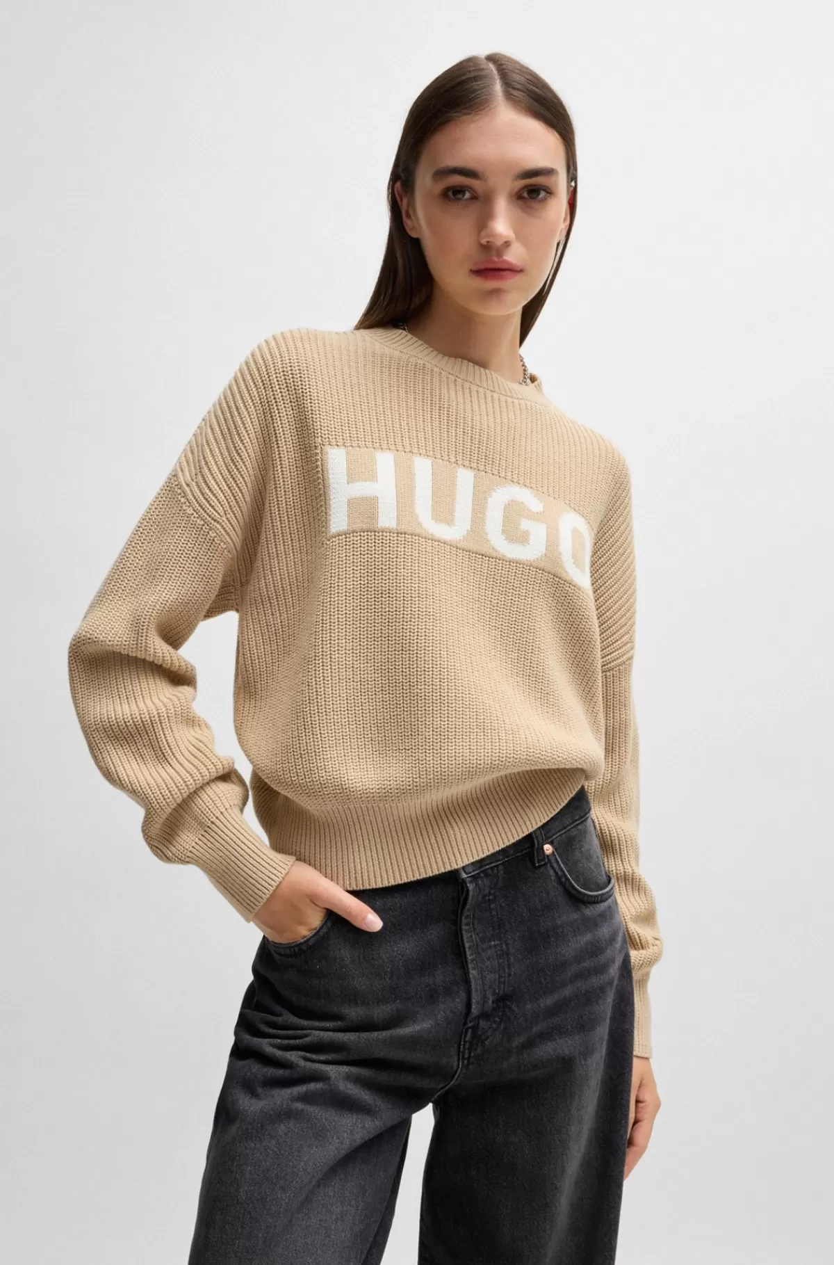 HUGO BOSS Strikket Sweater I Ren Bomuld Med Kontrastlogo Lys beige Sale