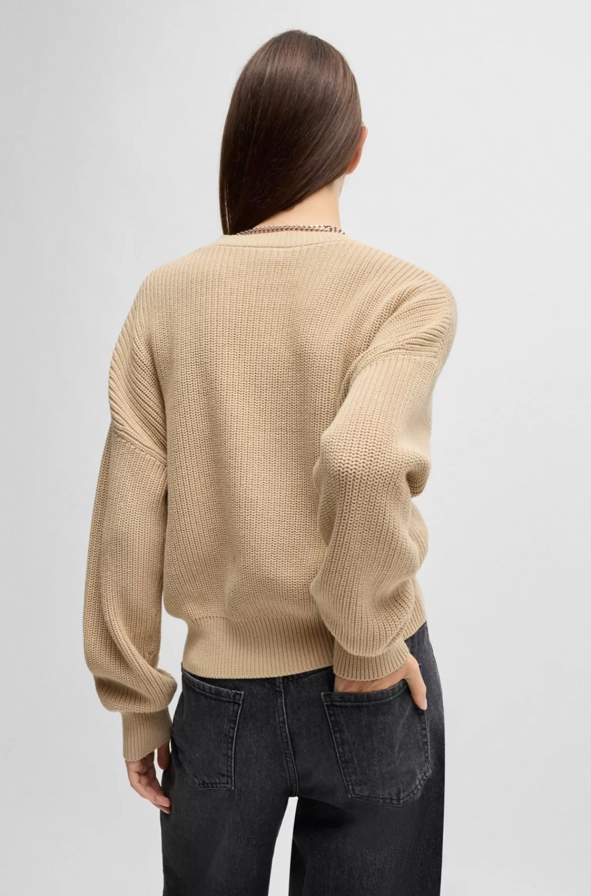 HUGO BOSS Strikket Sweater I Ren Bomuld Med Kontrastlogo Lys beige Sale