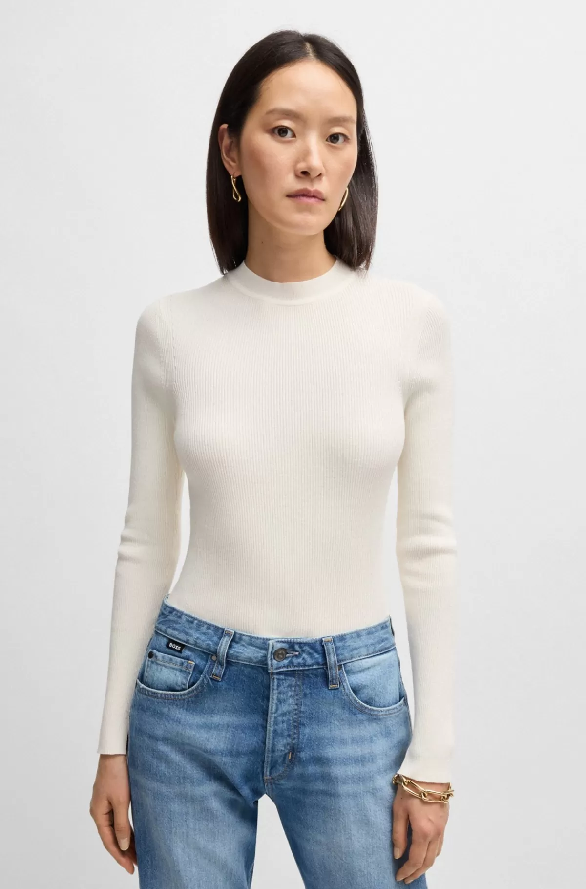 HUGO BOSS Strikket Sweater Med Ribstruktur Hvid Discount