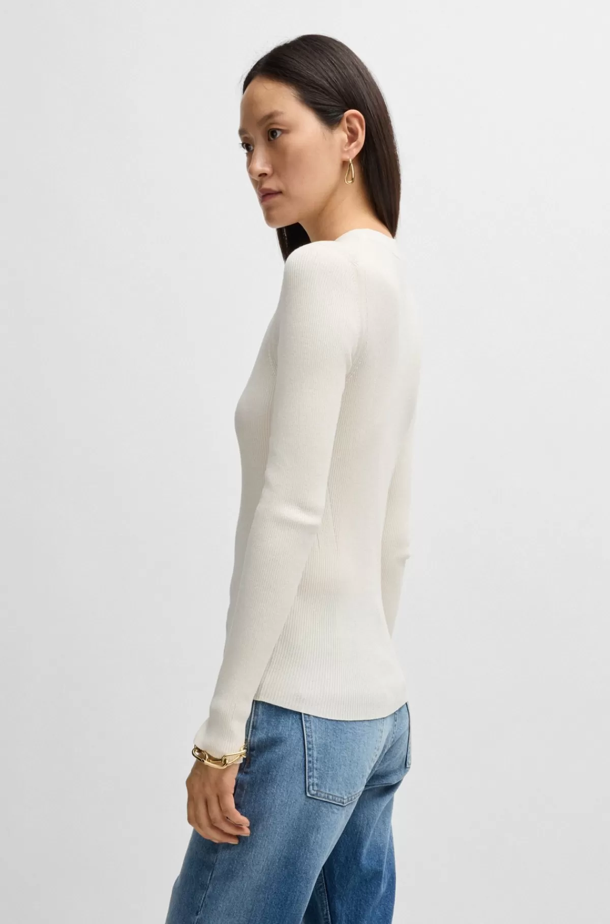 HUGO BOSS Strikket Sweater Med Ribstruktur Hvid Discount