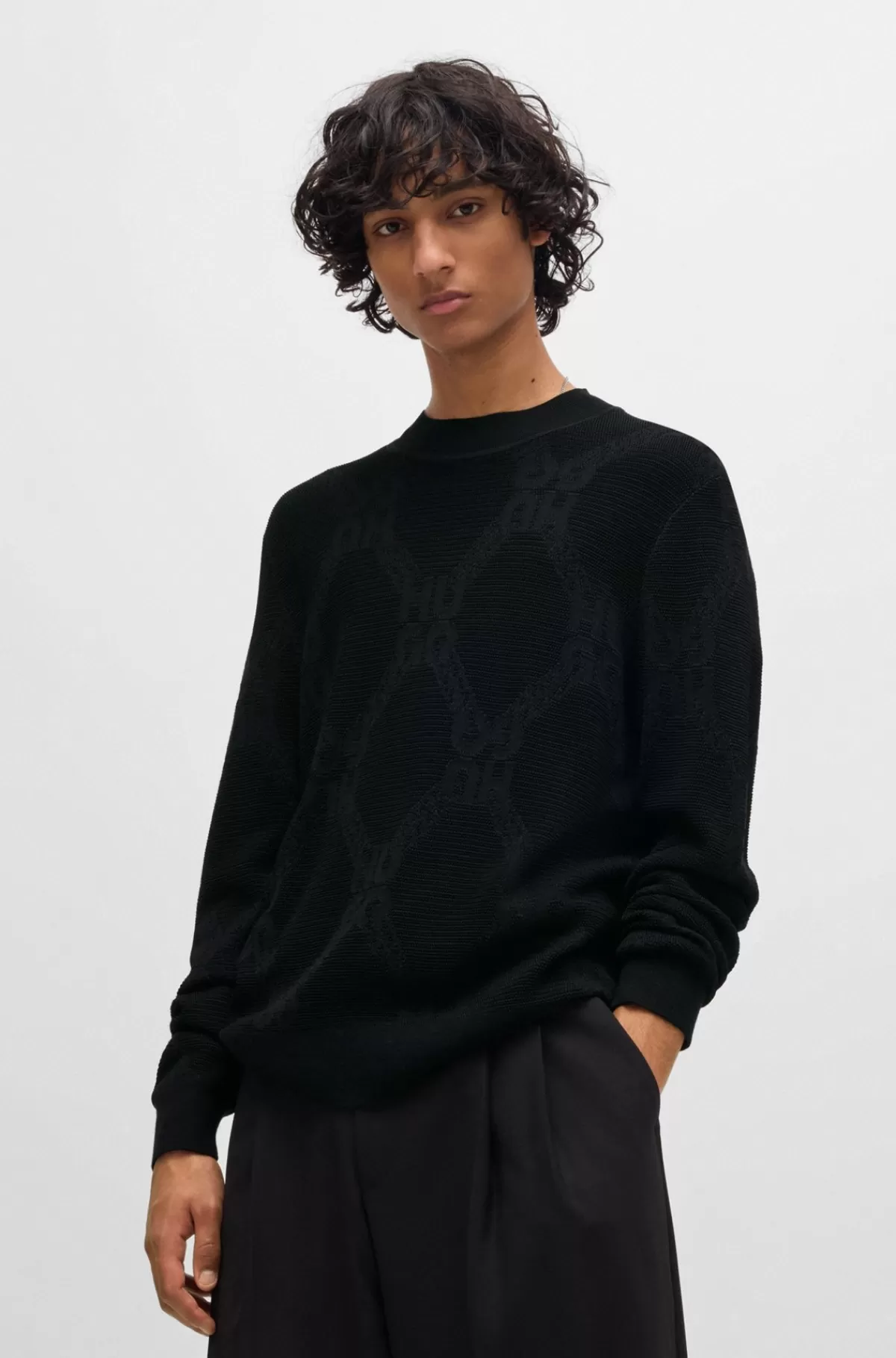 HUGO BOSS Strikket Sweater Med Signaturkædemotiv Og Regular Fit Sort Sale