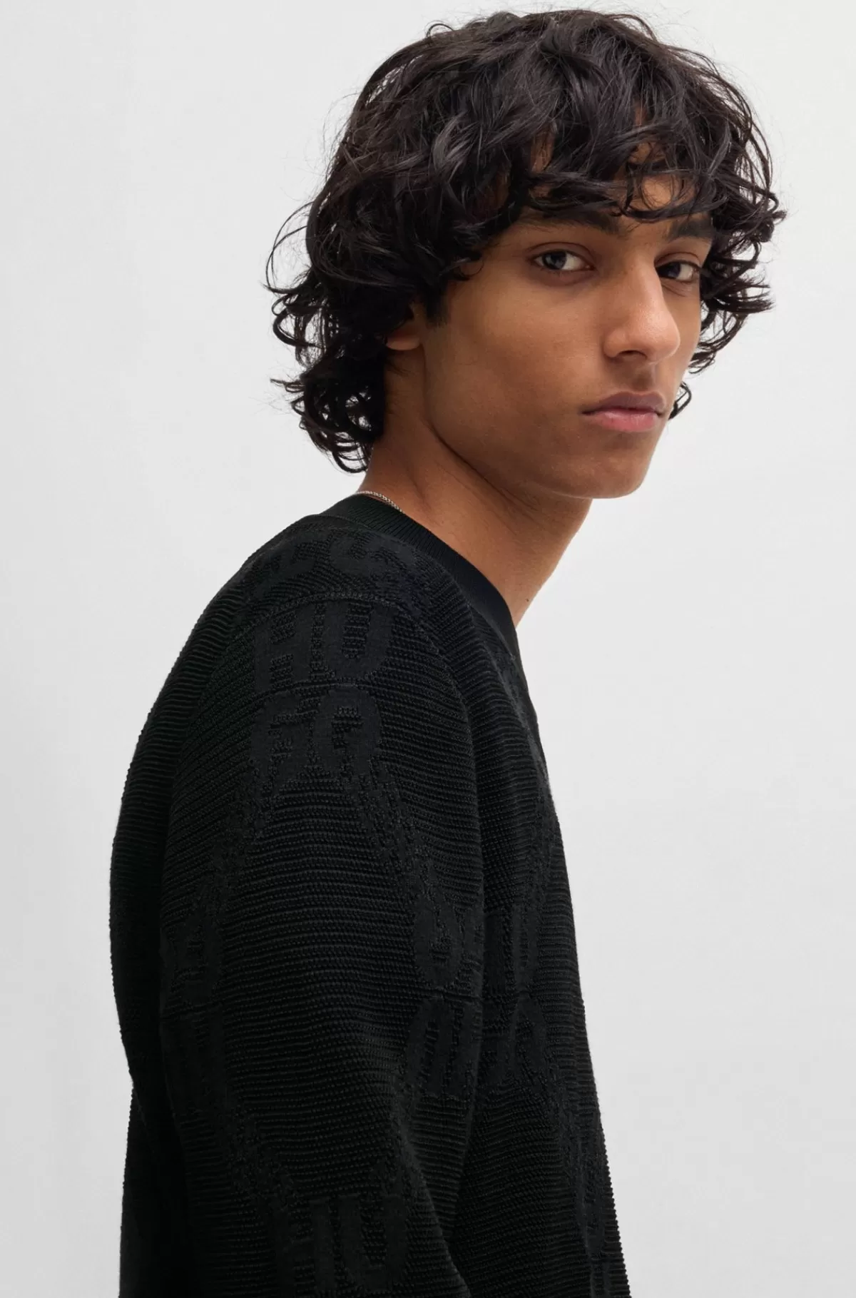 HUGO BOSS Strikket Sweater Med Signaturkædemotiv Og Regular Fit Sort Sale