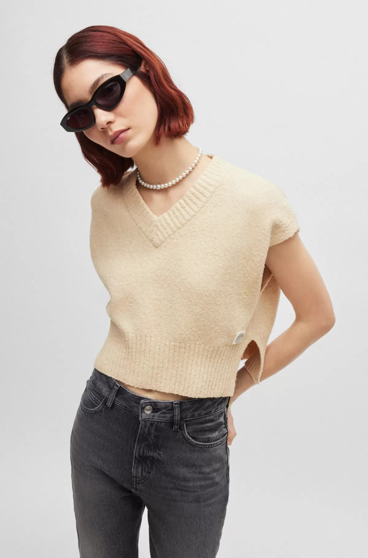 HUGO BOSS Strikket Top I Bomuldsblanding Med V-hals Lys beige Outlet
