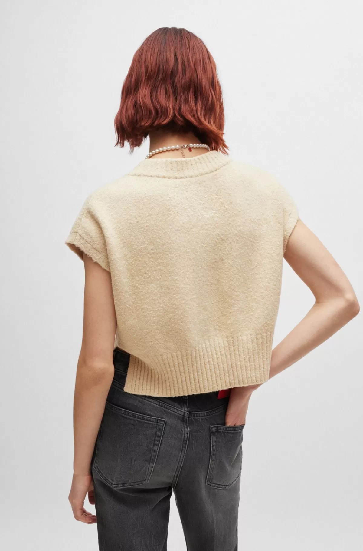 HUGO BOSS Strikket Top I Bomuldsblanding Med V-hals Lys beige Outlet