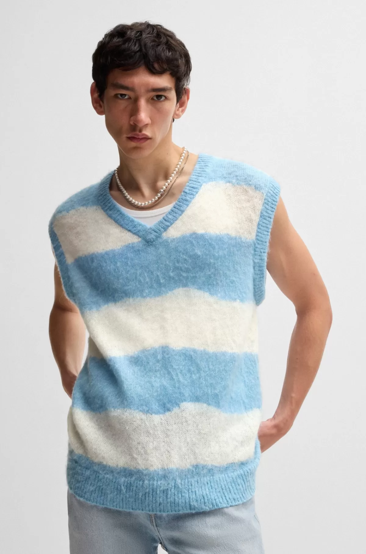 HUGO BOSS Strikket Vest Med Oversize Fit Og Blokstriber Hvid / Blå Online