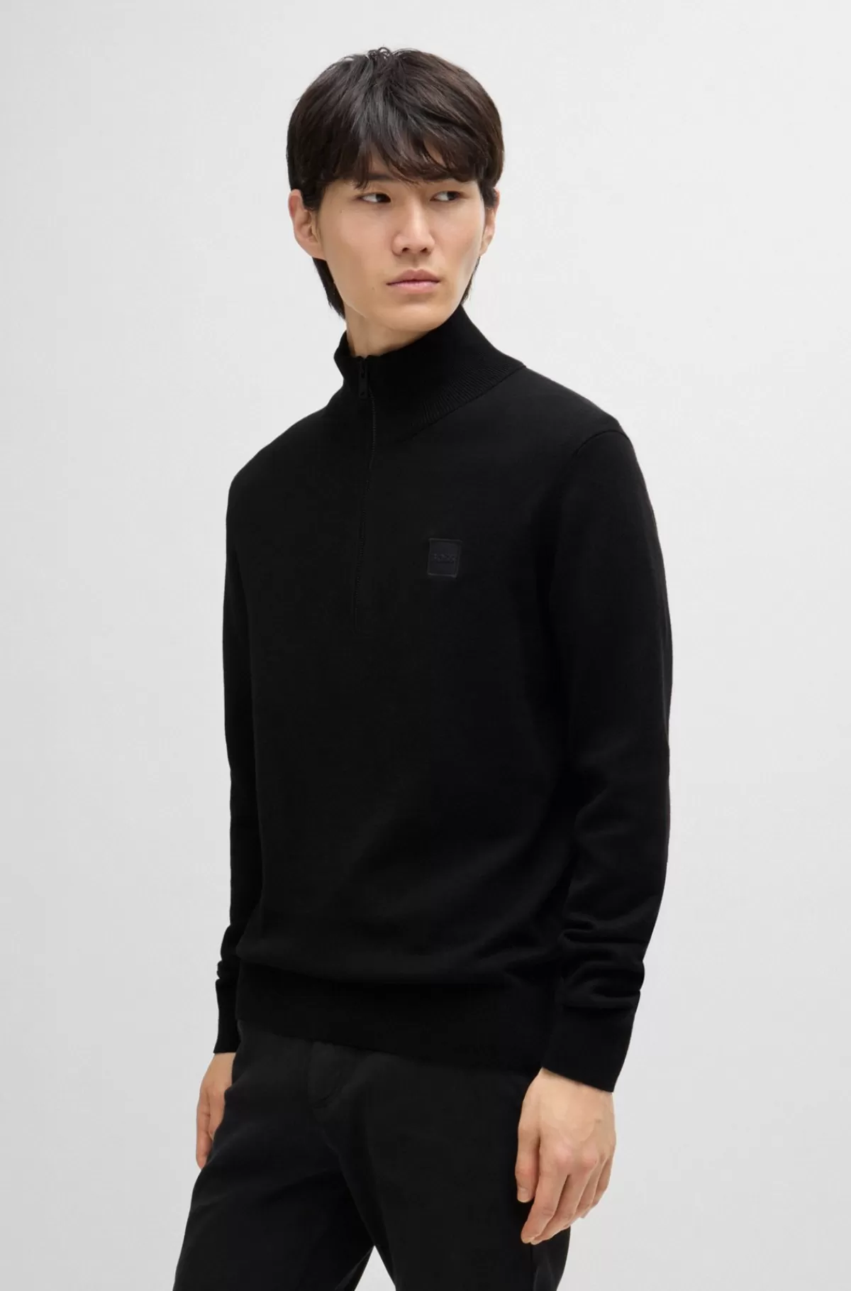 HUGO BOSS Striksweater Med Lynlås I Halsen I Bomuld Og Kashmir Sort Flash Sale