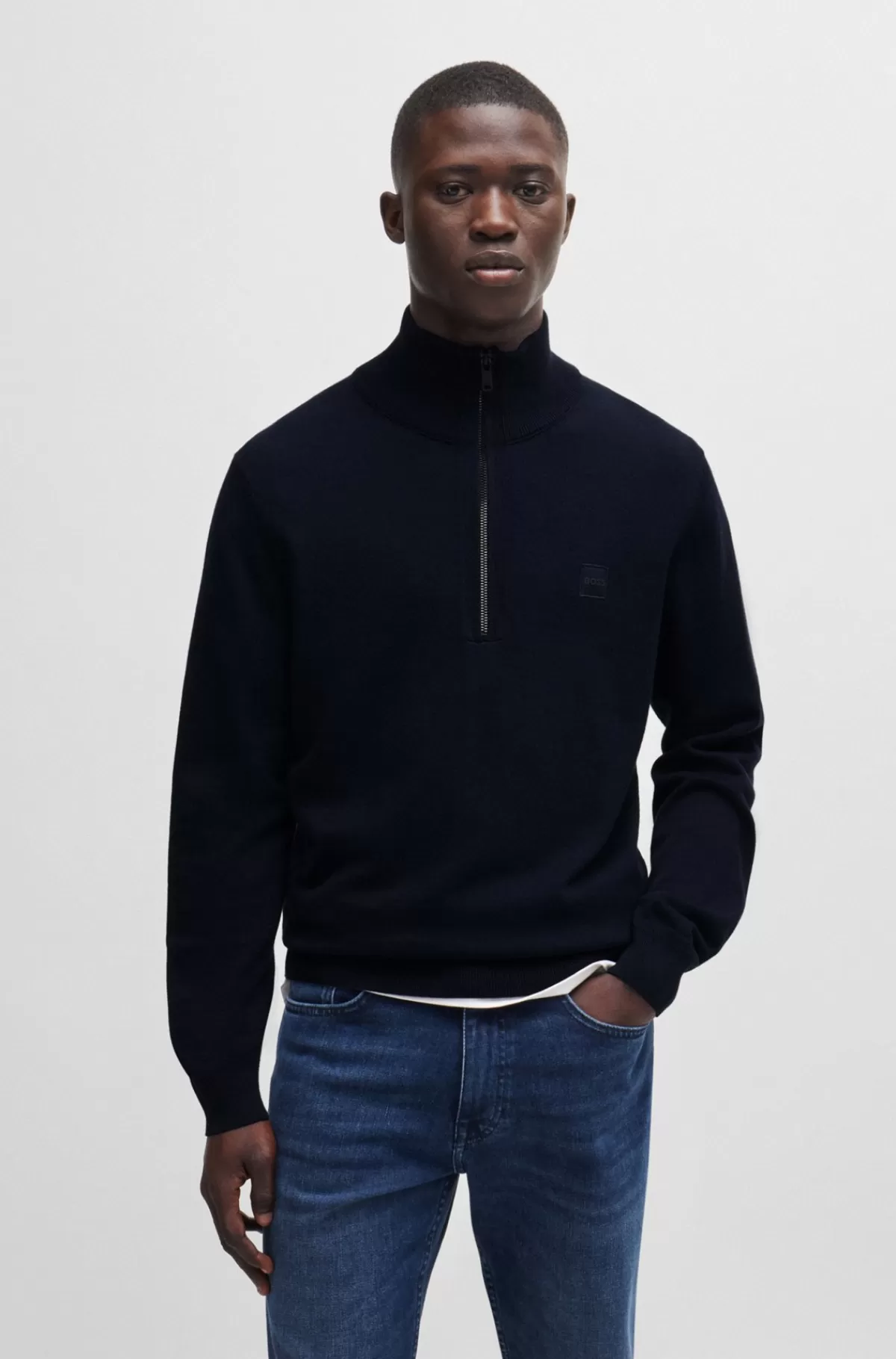 HUGO BOSS Striksweater Med Lynlås I Halsen I Bomuld Og Kashmir Mørkeblå Cheap
