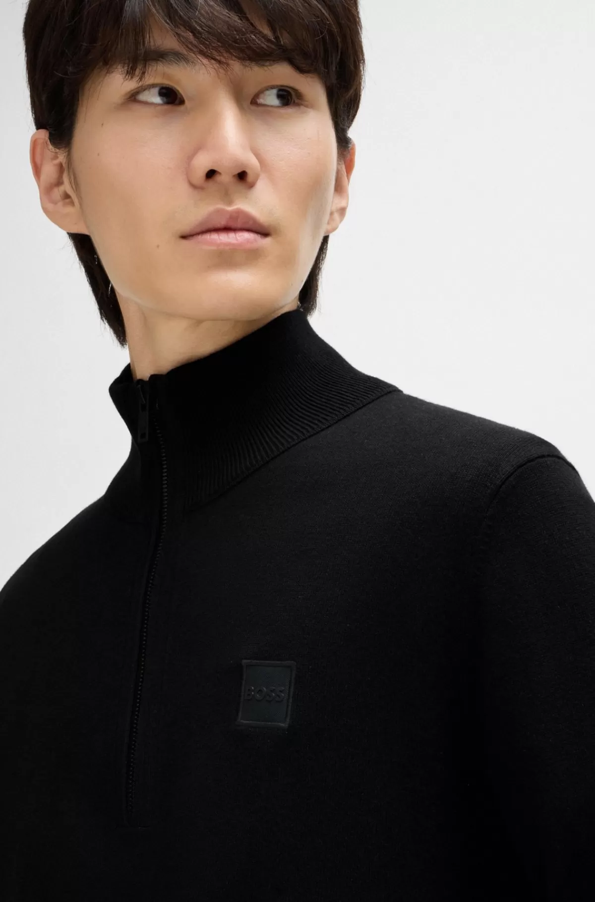 HUGO BOSS Striksweater Med Lynlås I Halsen I Bomuld Og Kashmir Sort Flash Sale