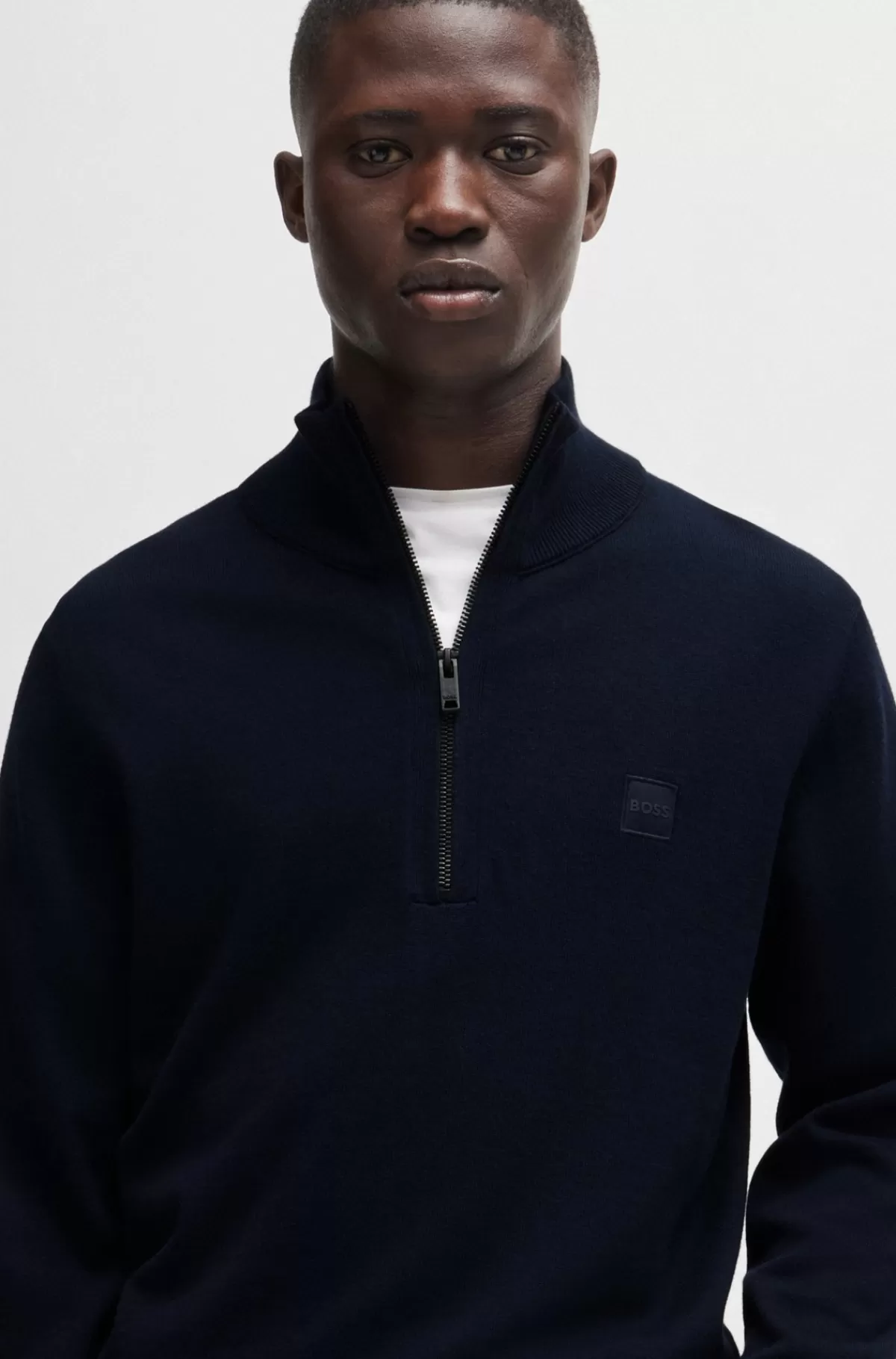 HUGO BOSS Striksweater Med Lynlås I Halsen I Bomuld Og Kashmir Mørkeblå Cheap