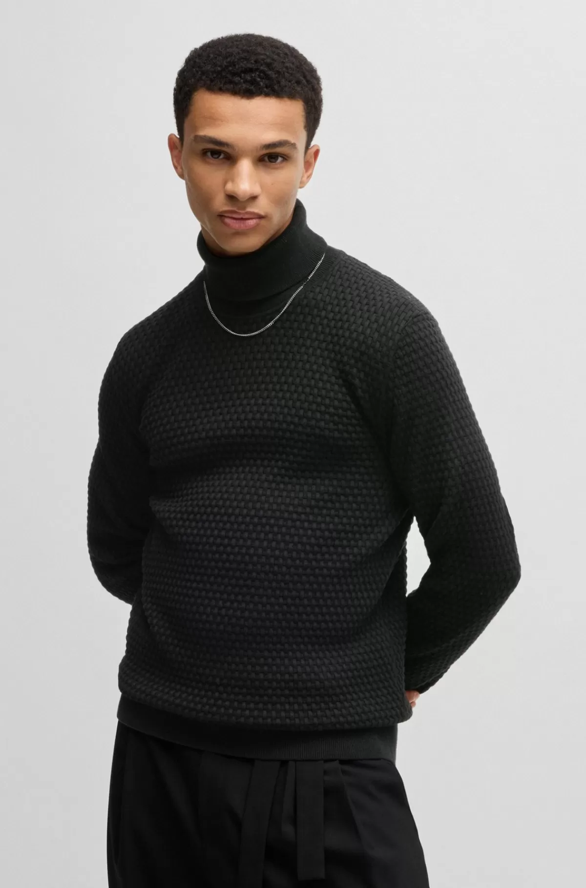 HUGO BOSS Strukturstrikket Rullekravesweater I Bomuld Sort New