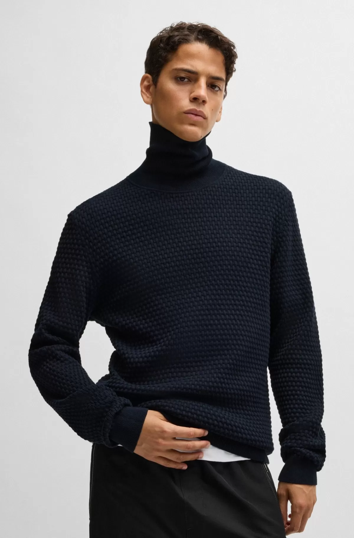 HUGO BOSS Strukturstrikket Rullekravesweater I Bomuld Mørkeblå Cheap
