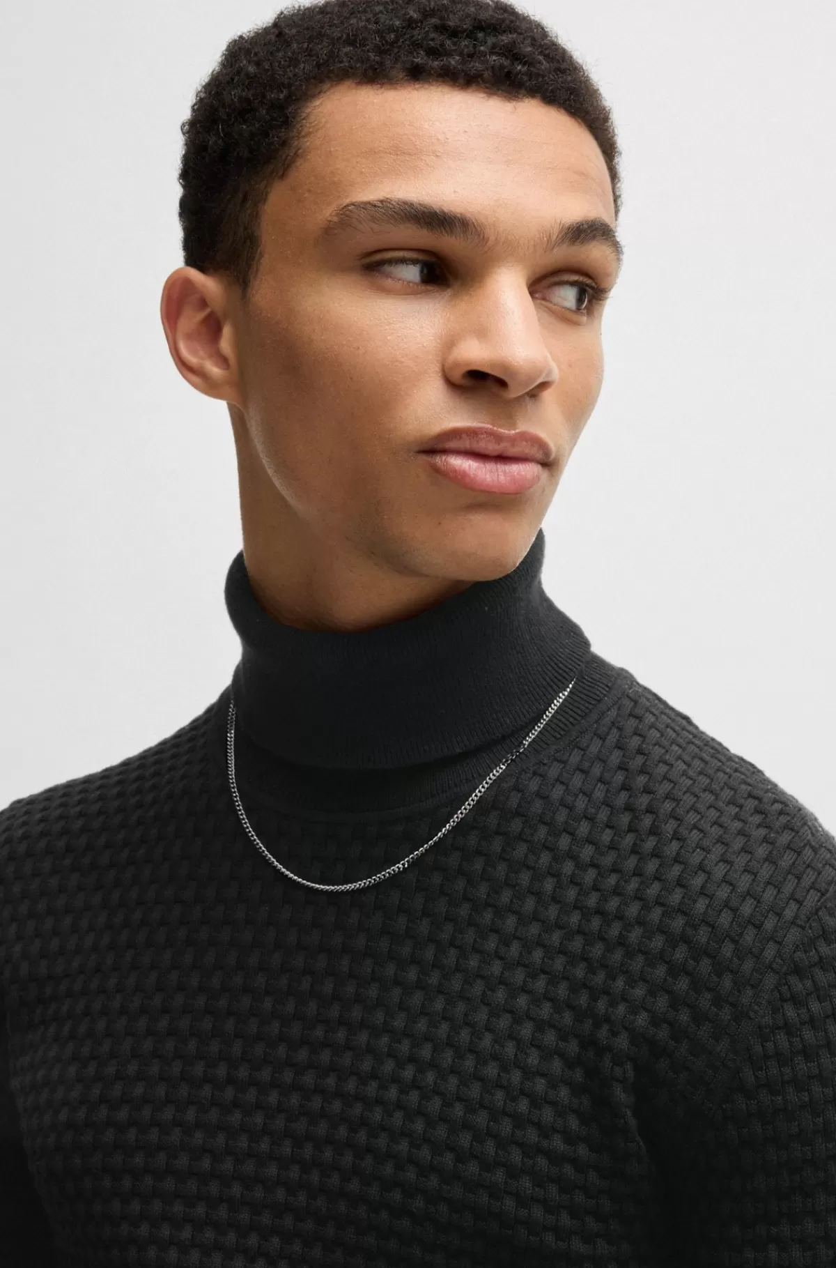 HUGO BOSS Strukturstrikket Rullekravesweater I Bomuld Sort New