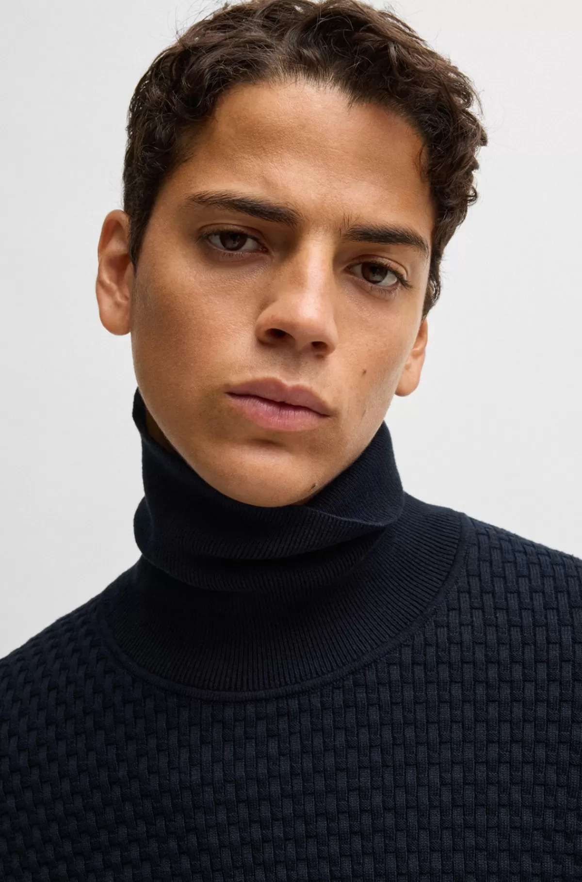 HUGO BOSS Strukturstrikket Rullekravesweater I Bomuld Mørkeblå Cheap