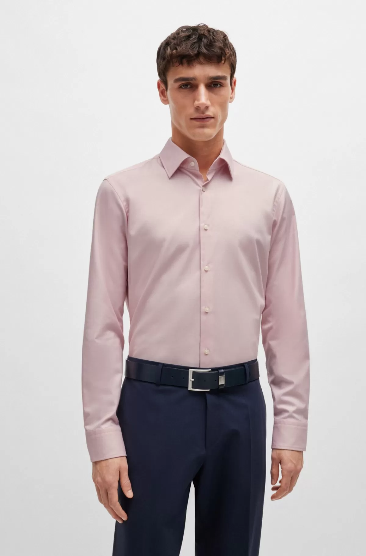 HUGO BOSS Strygelet Skjorte I Struktureret Bomuld Med Regular Fit Og Stræk Lys pink Online