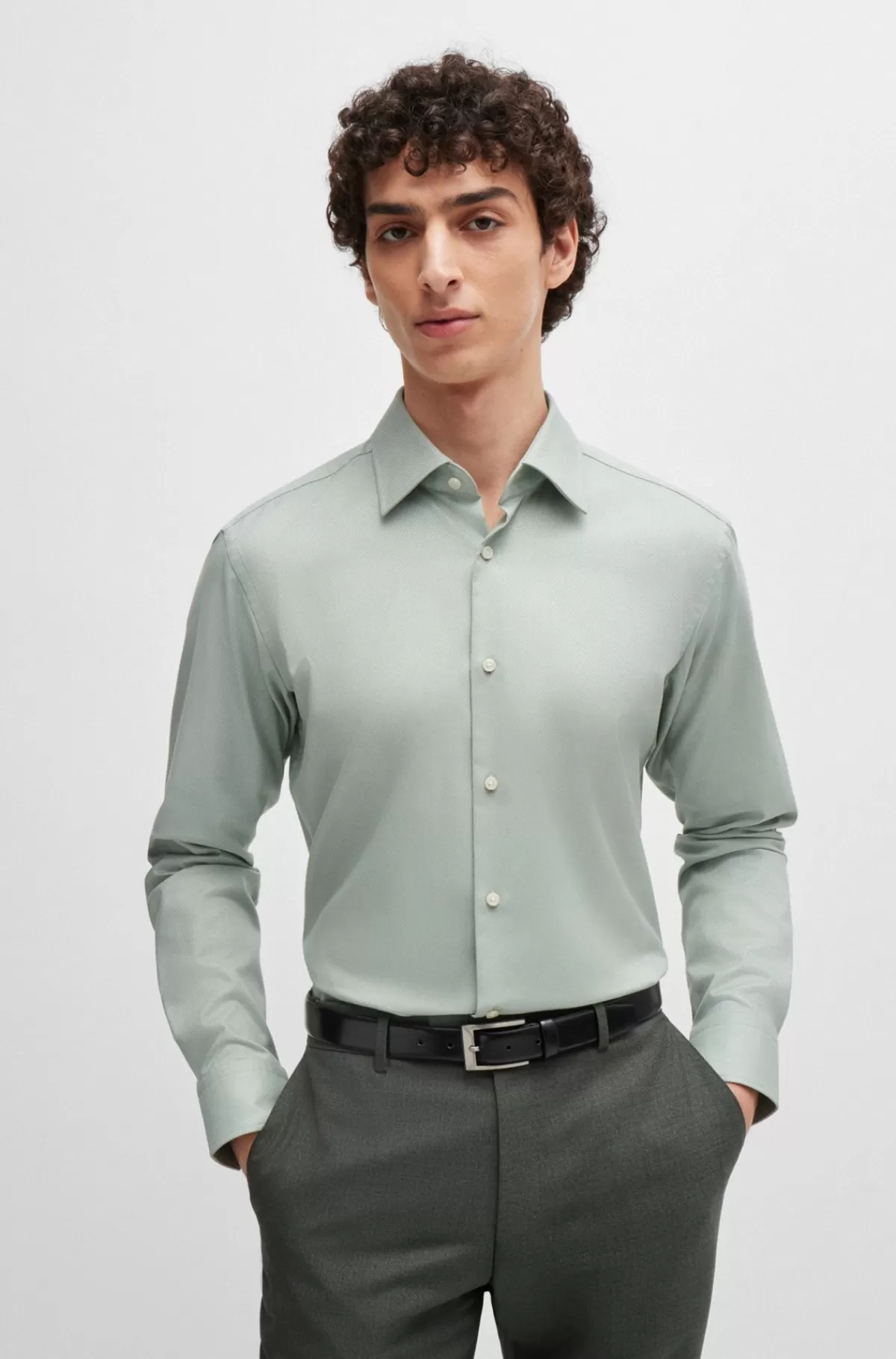HUGO BOSS Strygelet Skjorte I Struktureret Bomuld Med Regular Fit Og Stræk Lysegrøn Best Sale