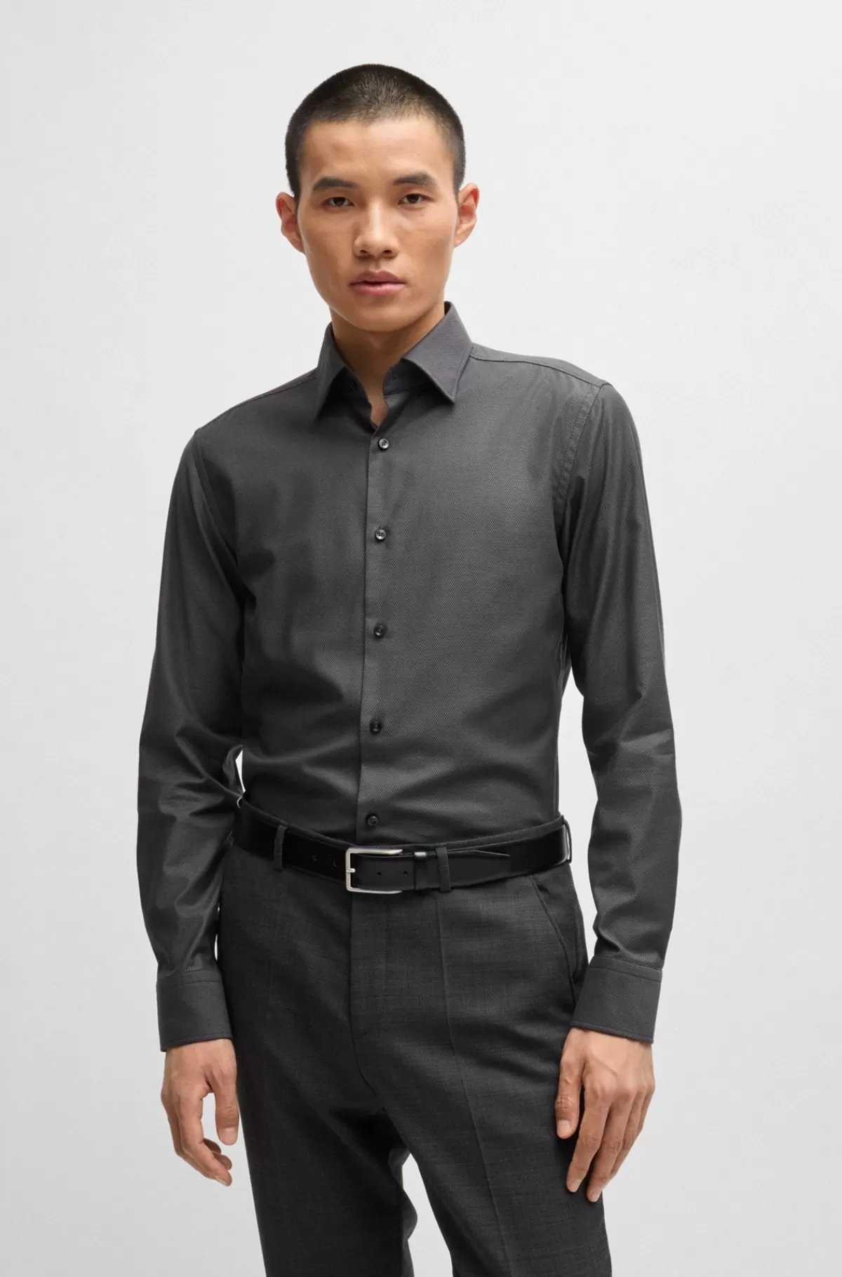 HUGO BOSS Strygelet Slim Fit Skjorte I Struktureret Bomuld Med Stræk Mørkegrå New