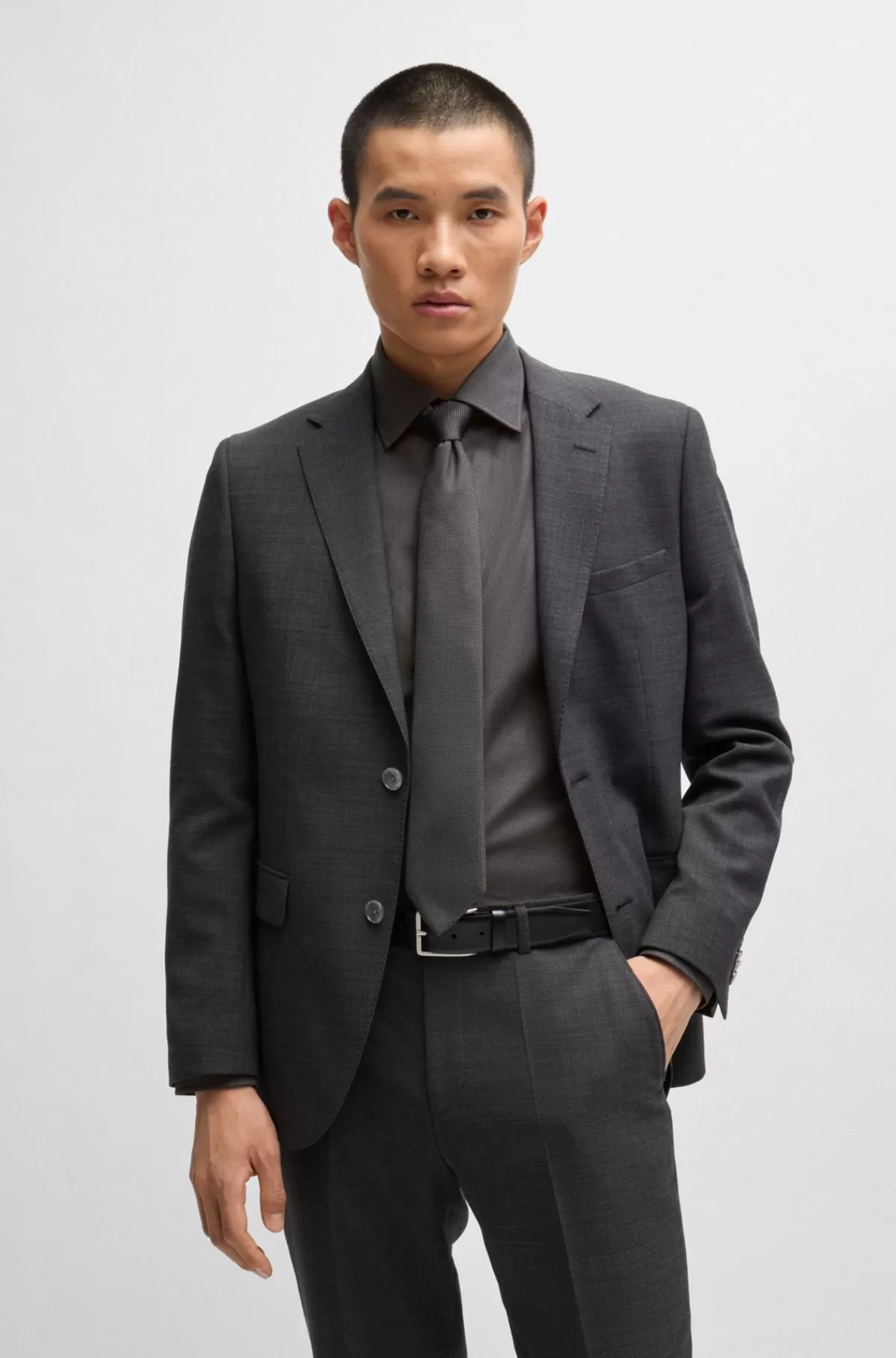HUGO BOSS Strygelet Slim Fit Skjorte I Struktureret Bomuld Med Stræk Mørkegrå New