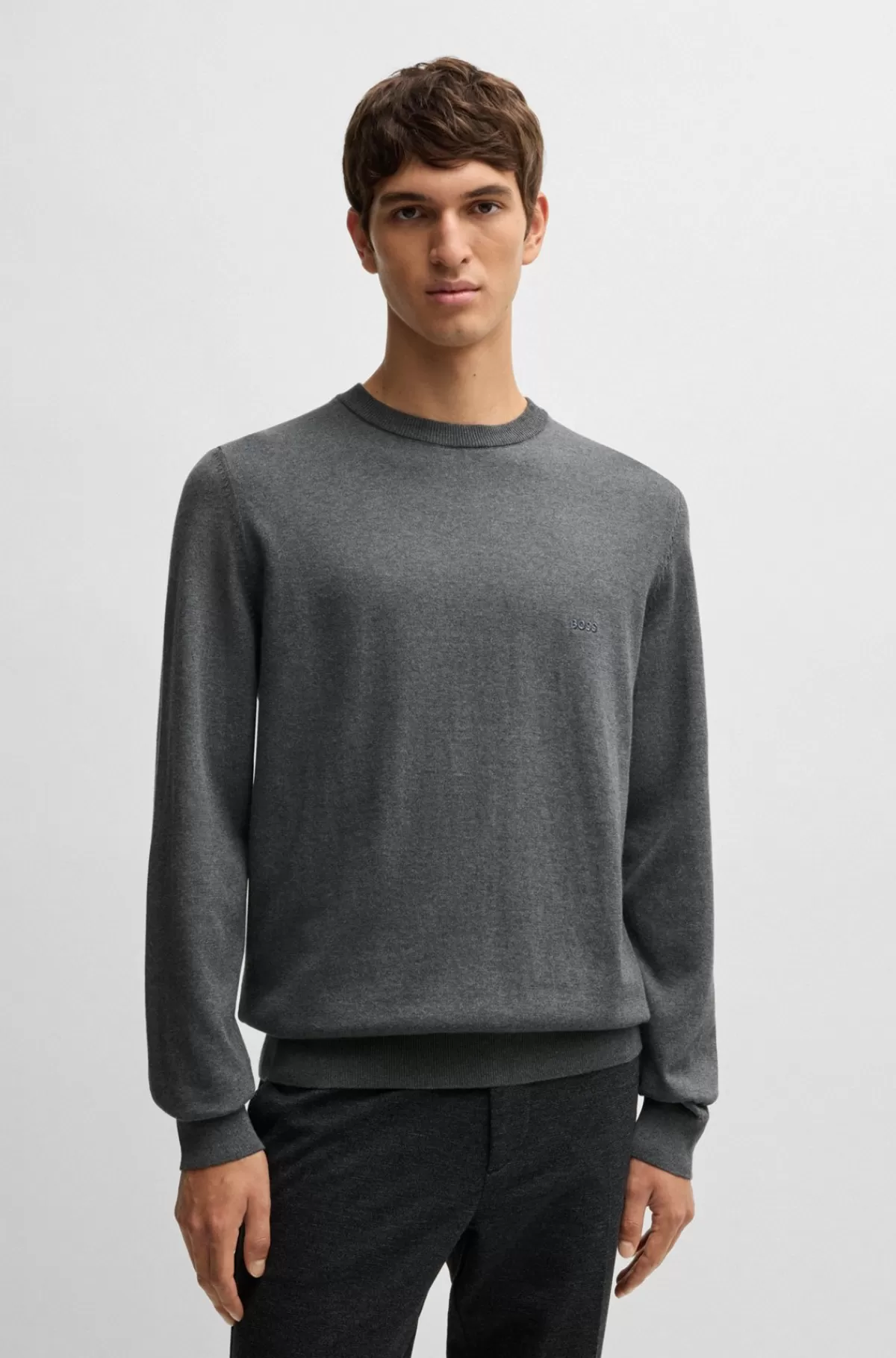 HUGO BOSS Sweater Af Bomuld Med Broderet Logo Grå Clearance