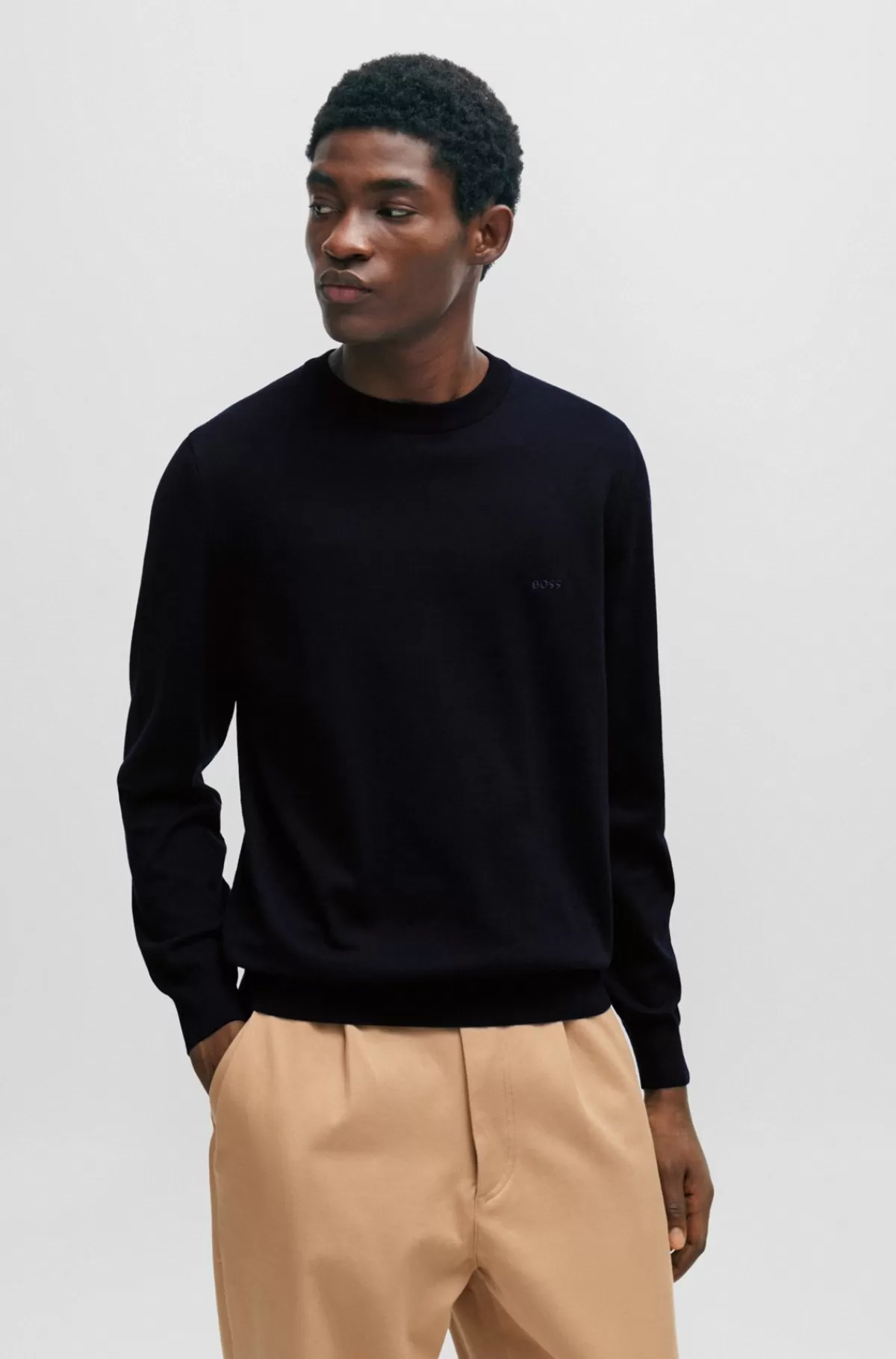 HUGO BOSS Sweater Af Bomuld Med Broderet Logo Mørkeblå New