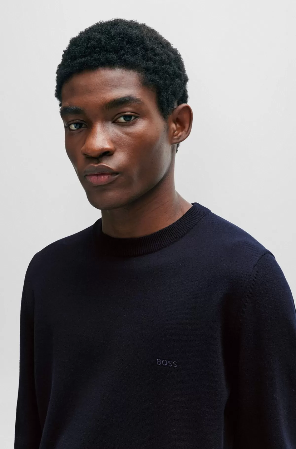 HUGO BOSS Sweater Af Bomuld Med Broderet Logo Mørkeblå New