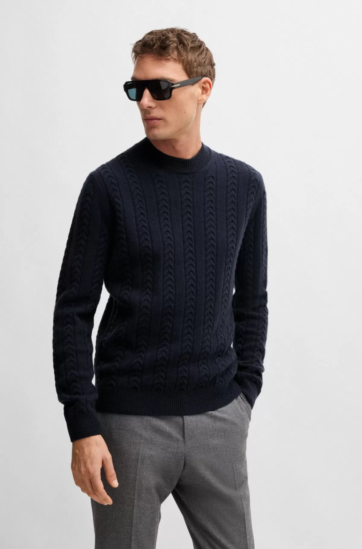 HUGO BOSS Sweater Af Kabelstrik Fra BOSS SELECTED BY BECKHAM Mørkeblå Store
