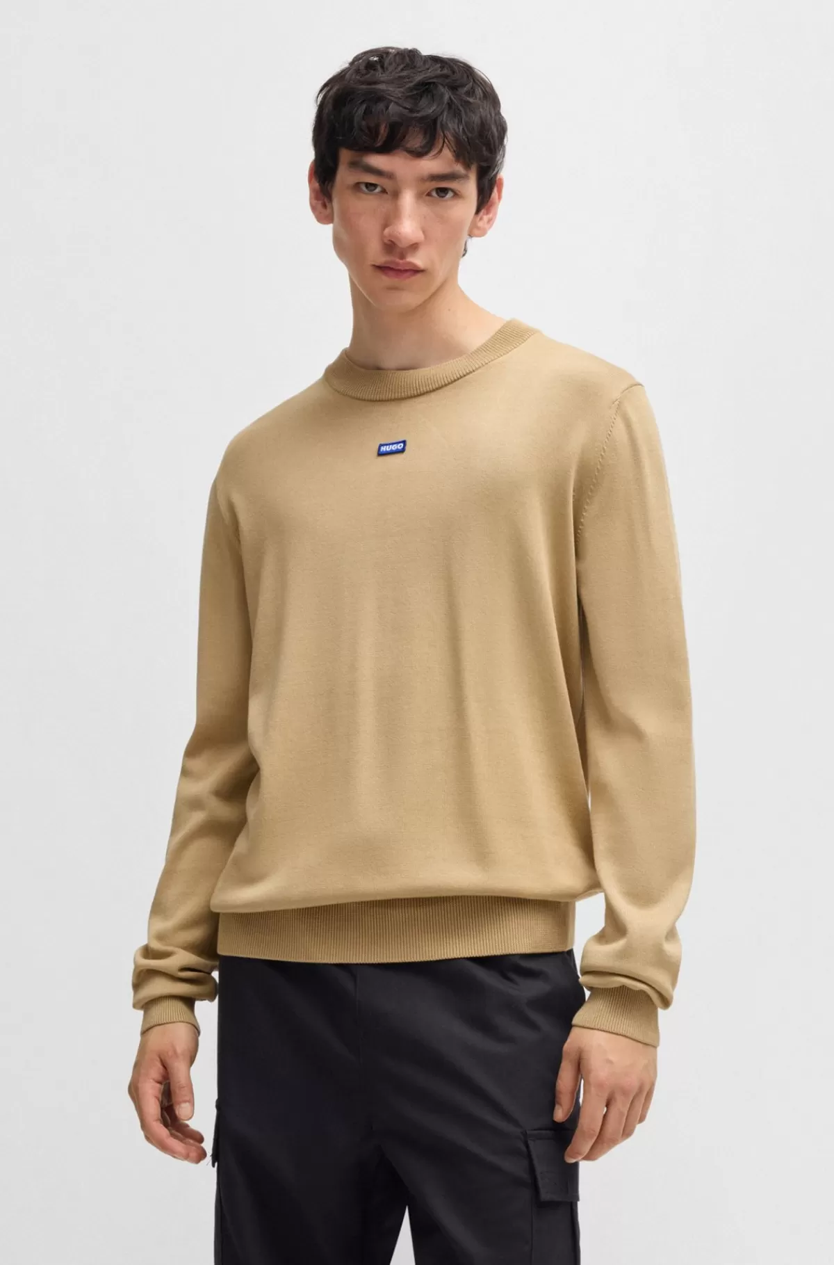 HUGO BOSS Sweater Af Strikket Bomuld Med Blåt Logomærke Beige Clearance