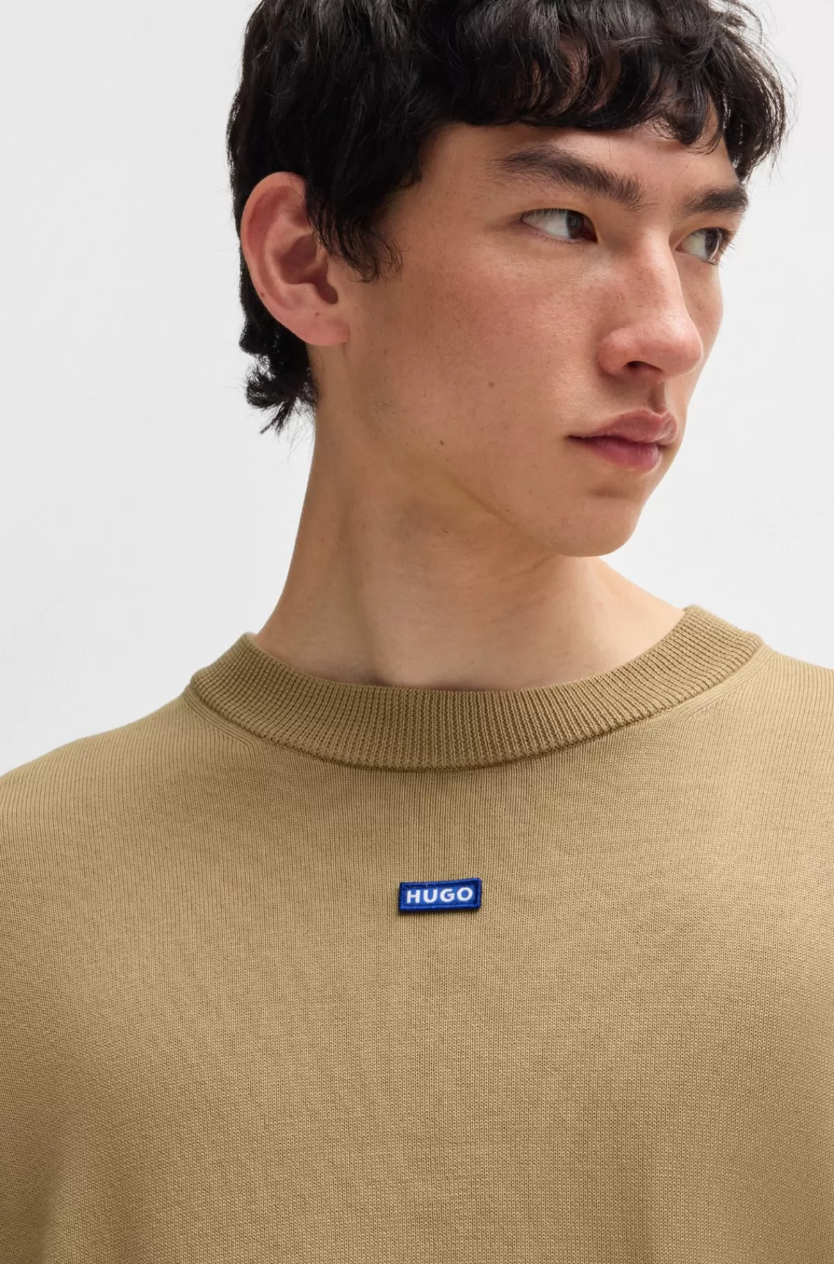 HUGO BOSS Sweater Af Strikket Bomuld Med Blåt Logomærke Beige Clearance