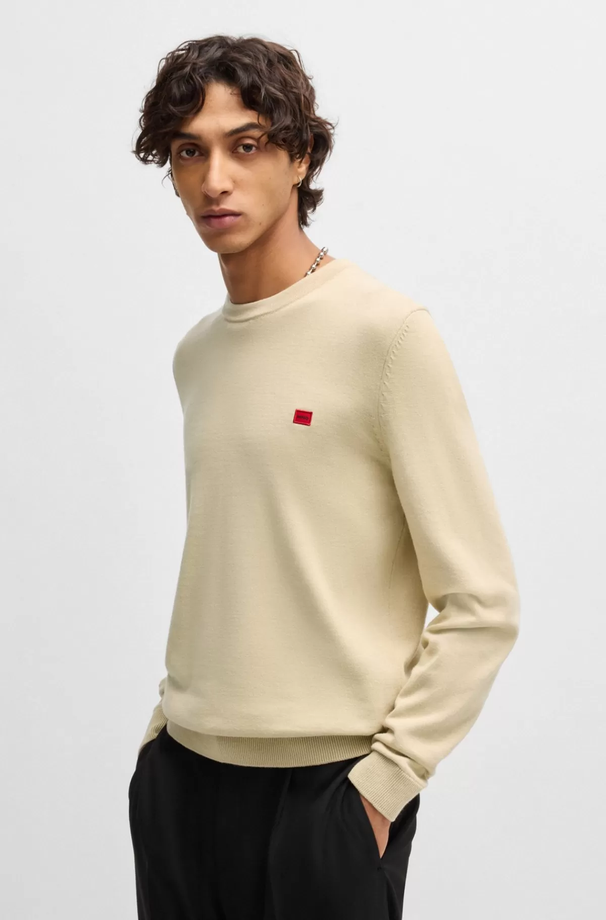 HUGO BOSS Sweater Af Strikket Bomuld Med Rødt Logomærke Lys beige Online