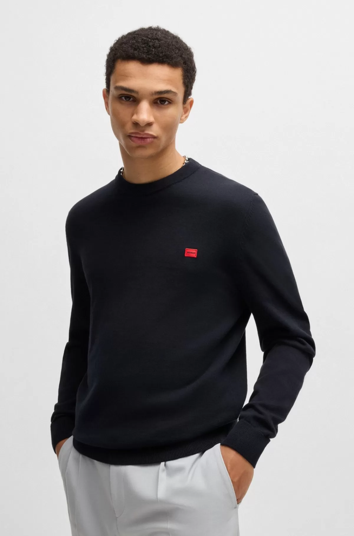 HUGO BOSS Sweater Af Strikket Bomuld Med Rødt Logomærke Mørkeblå Best Sale