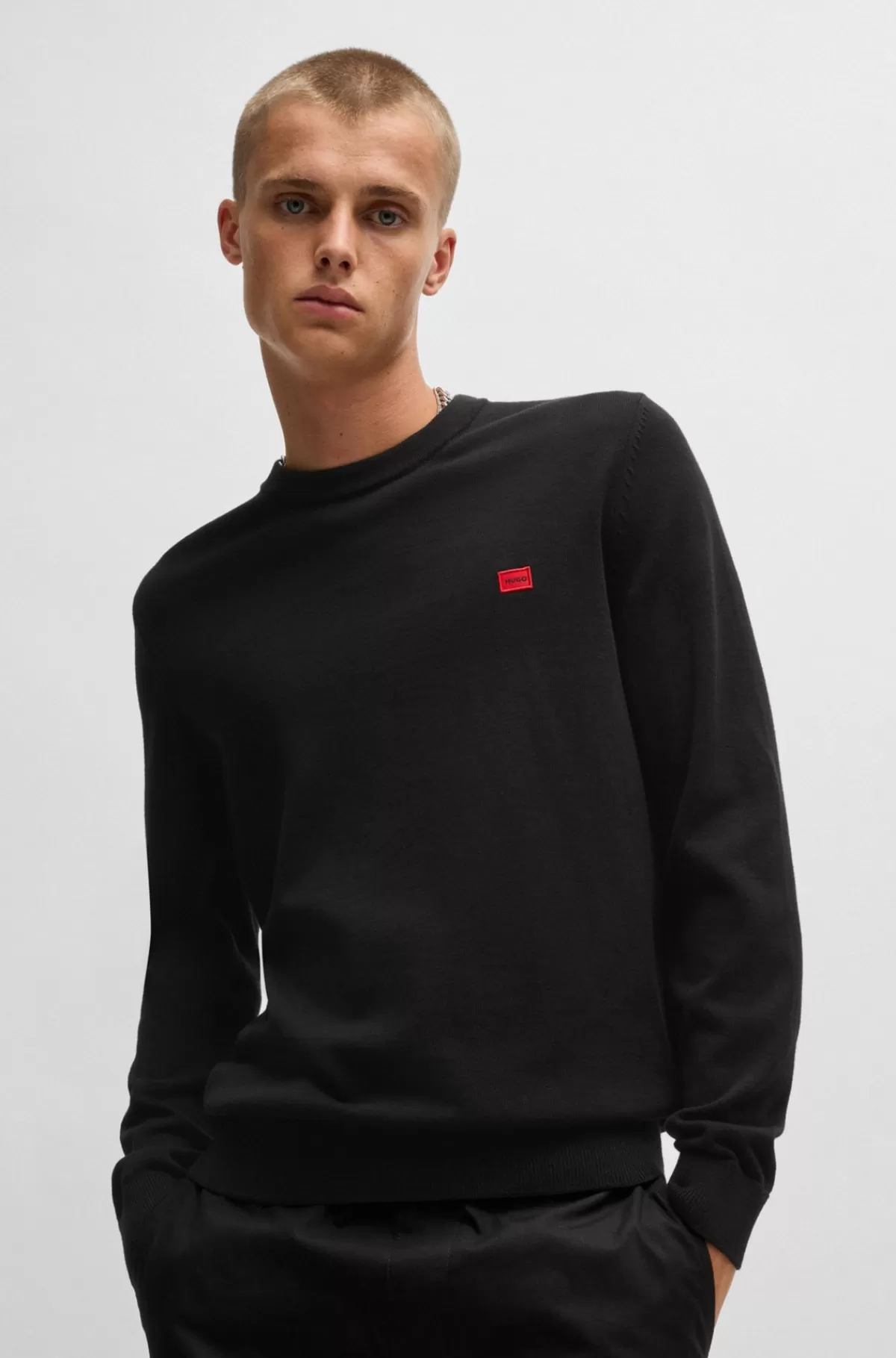 HUGO BOSS Sweater Af Strikket Bomuld Med Rødt Logomærke Sort Discount