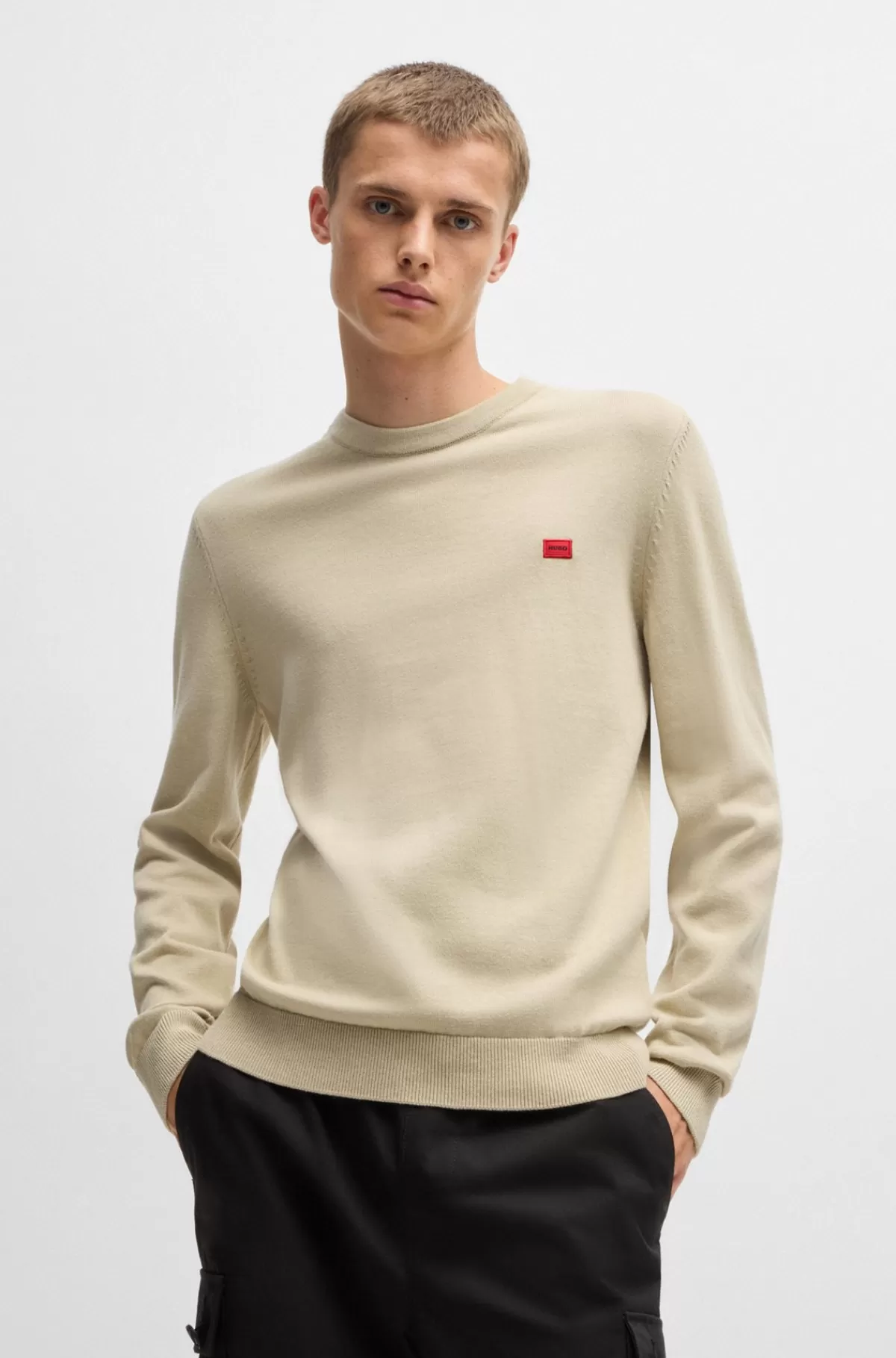 HUGO BOSS Sweater Af Strikket Bomuld Med Rødt Logomærke Lys beige Outlet