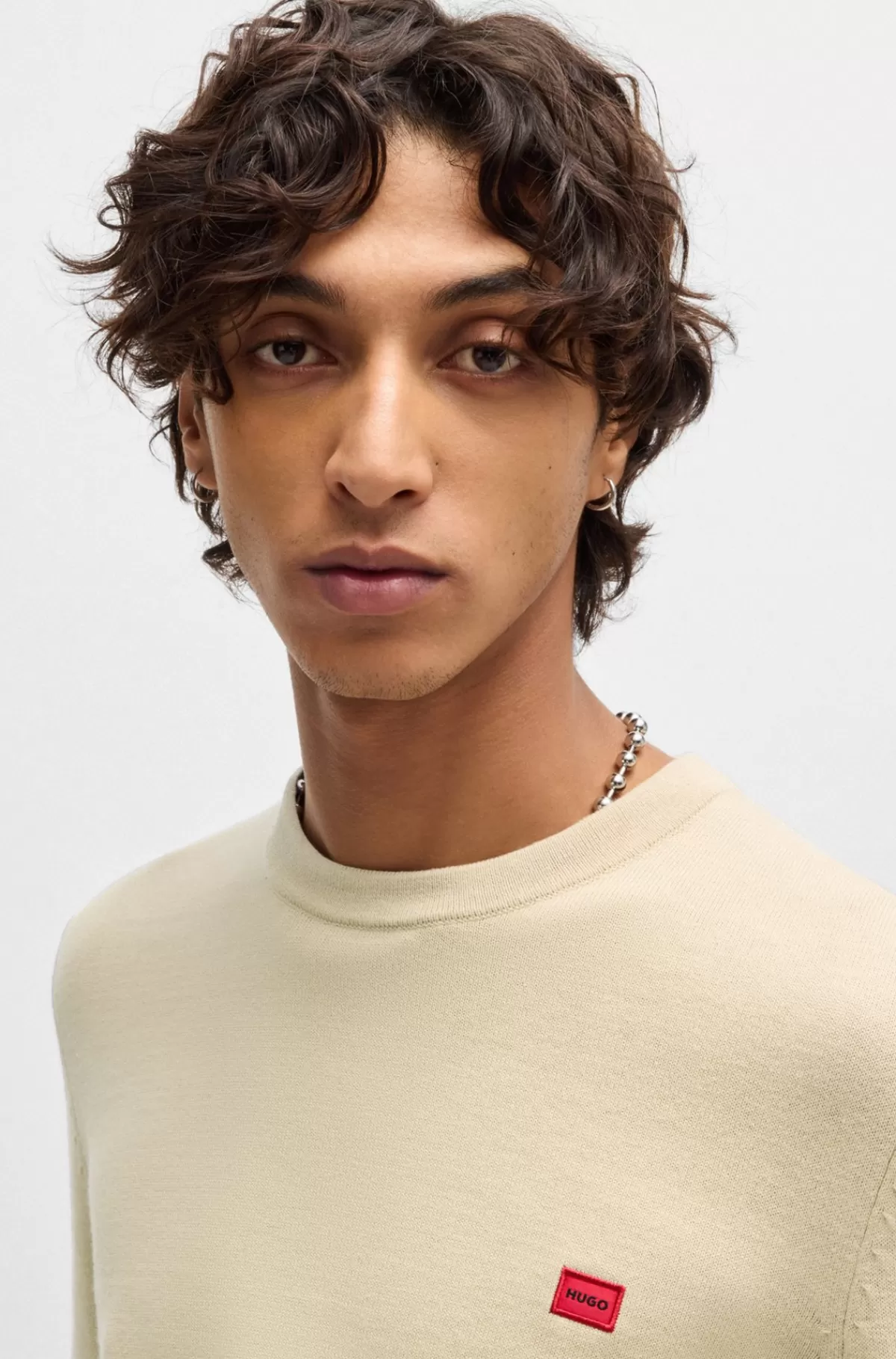HUGO BOSS Sweater Af Strikket Bomuld Med Rødt Logomærke Lys beige Online