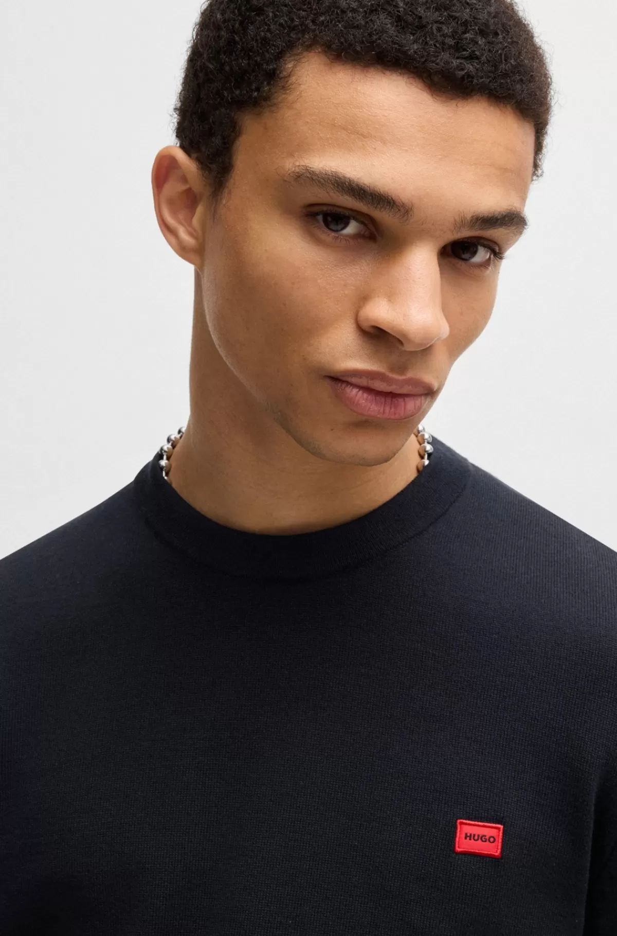 HUGO BOSS Sweater Af Strikket Bomuld Med Rødt Logomærke Mørkeblå Best Sale