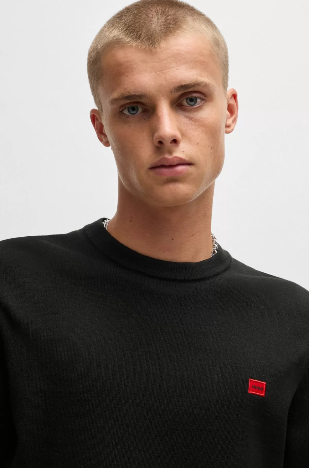 HUGO BOSS Sweater Af Strikket Bomuld Med Rødt Logomærke Sort Discount