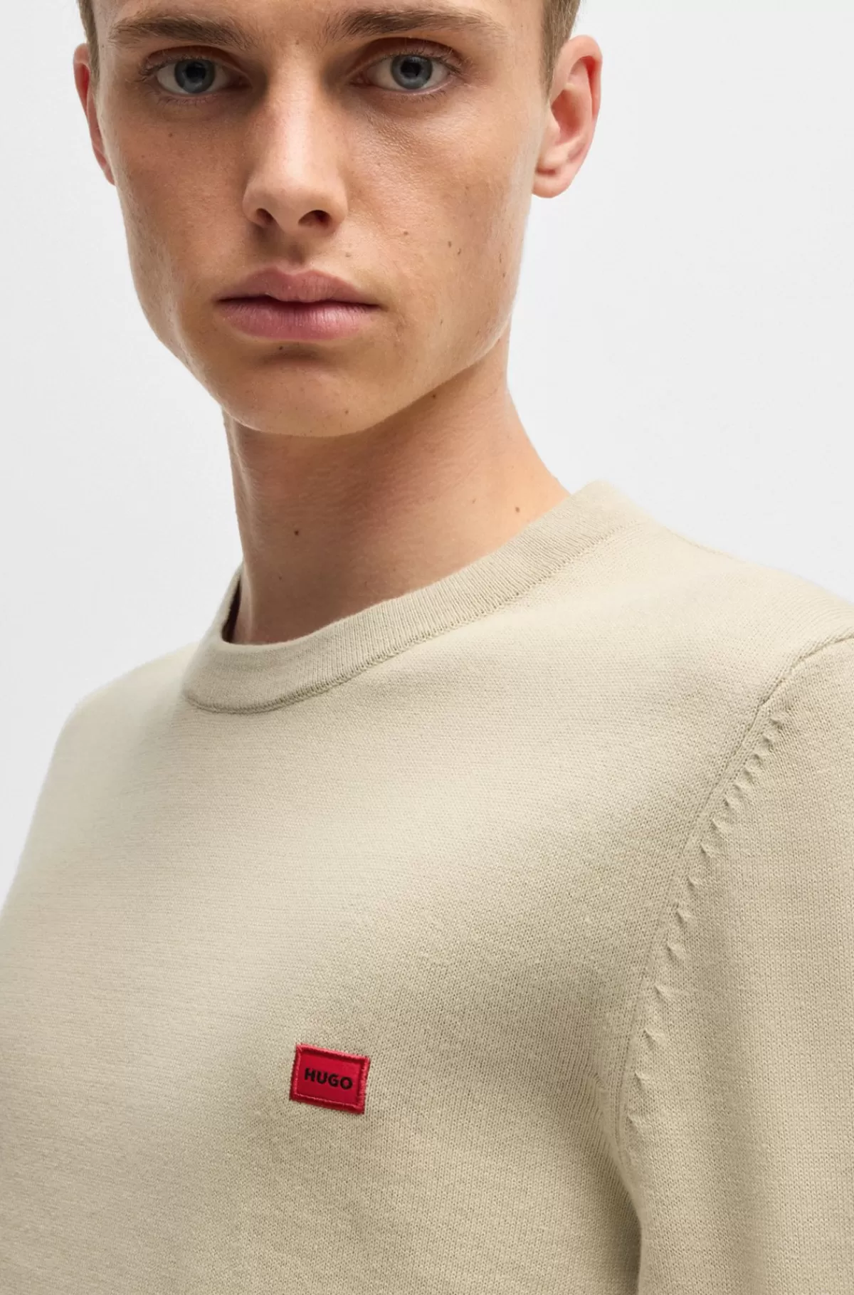 HUGO BOSS Sweater Af Strikket Bomuld Med Rødt Logomærke Lys beige Outlet