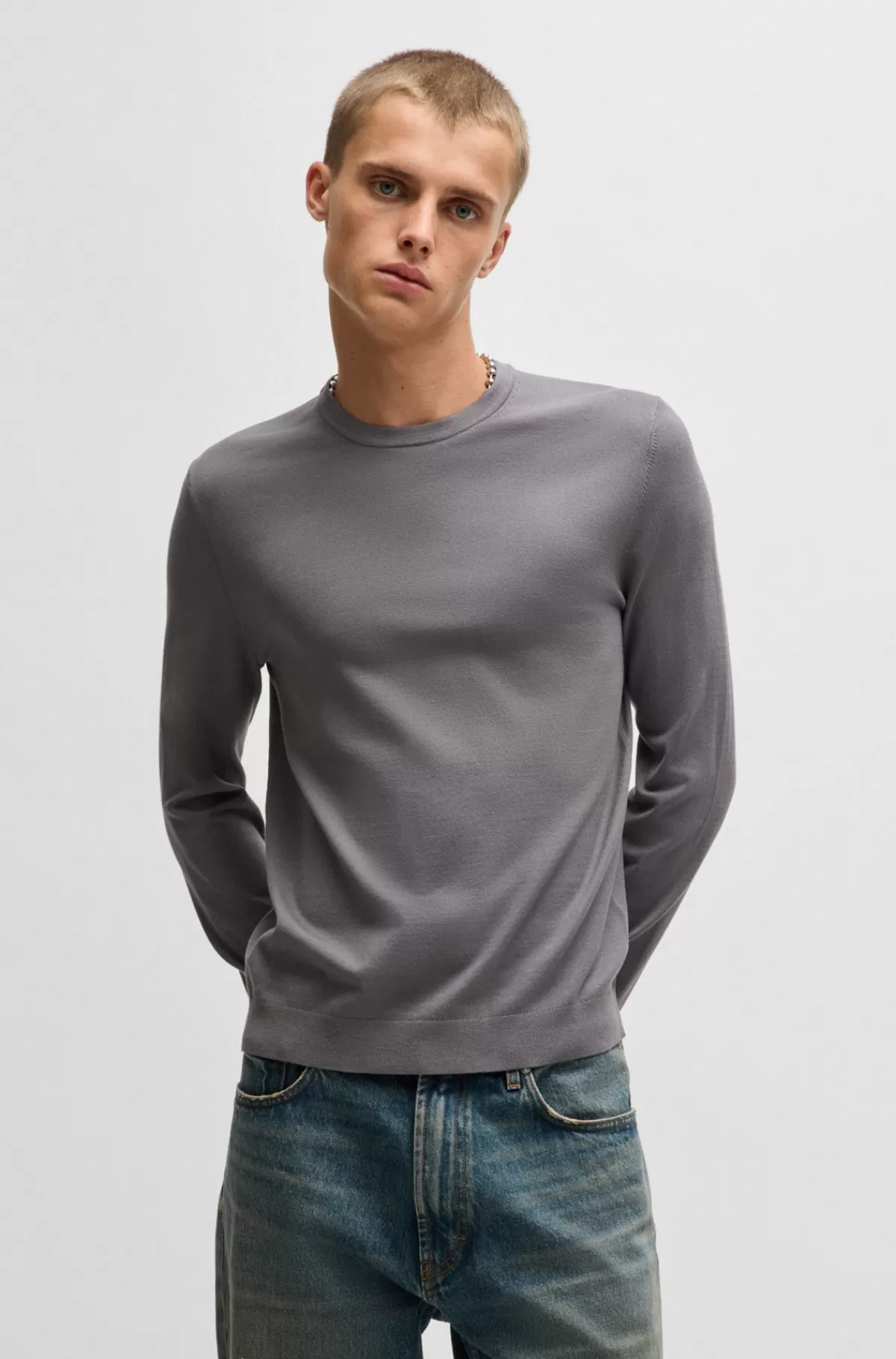 HUGO BOSS Sweater I Blødt Garn Med Slim Fit Og Crew Neck Mørkegrå Cheap