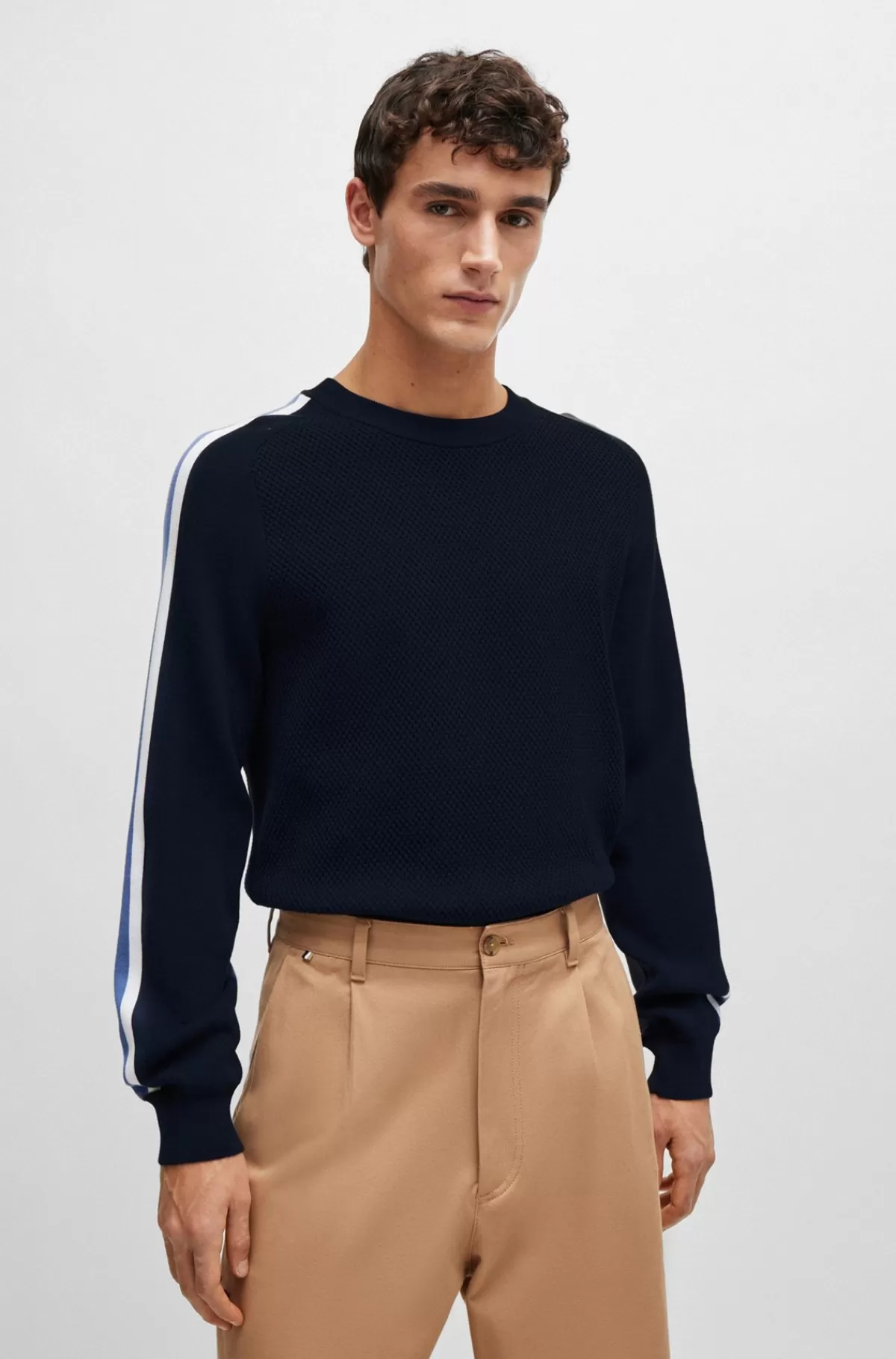 HUGO BOSS Sweater I Bomuld Med Colour Blocking Og Meshdetalje Mørkeblå Cheap
