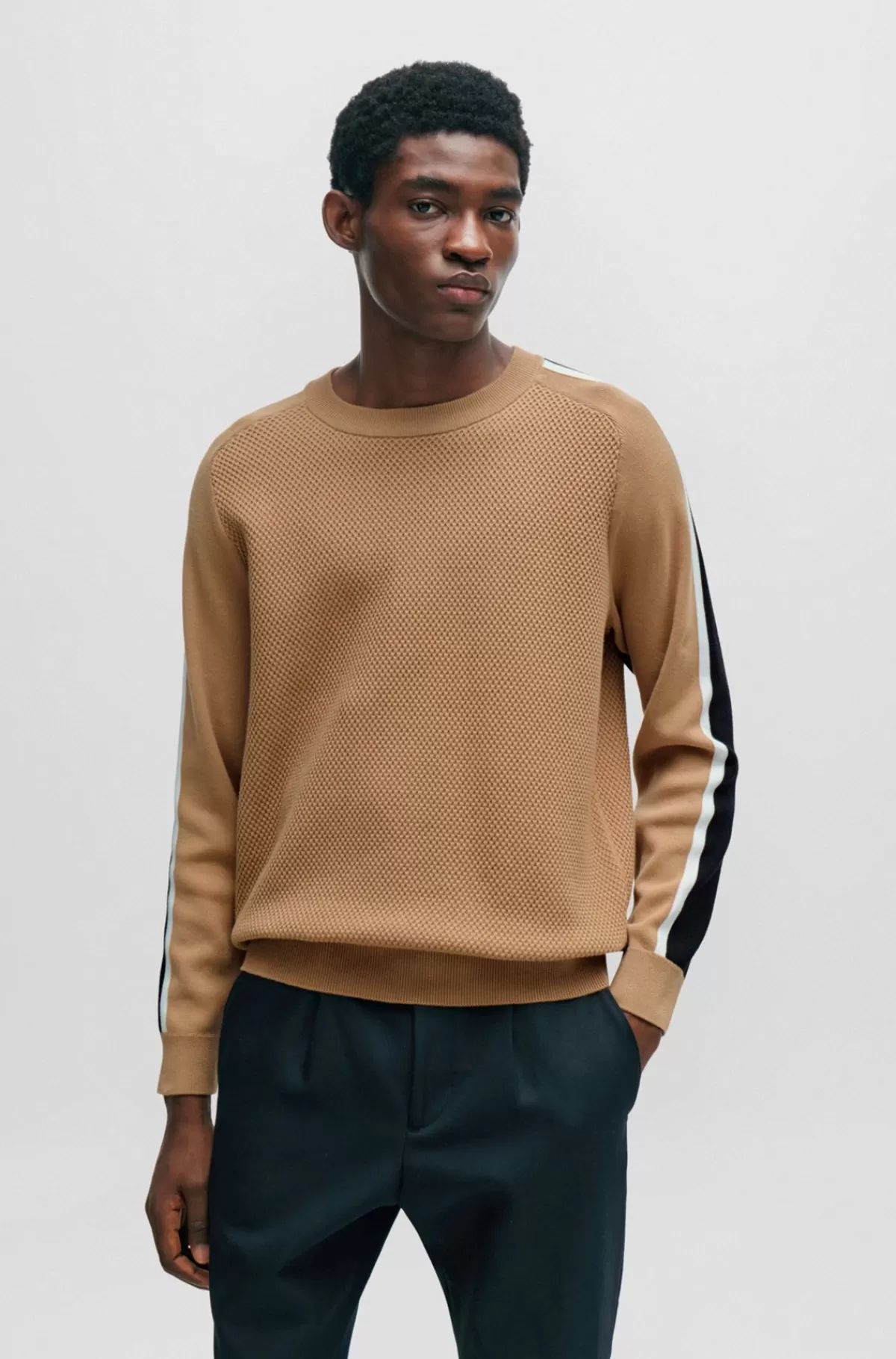 HUGO BOSS Sweater I Bomuld Med Colour Blocking Og Meshdetalje Beige Sale
