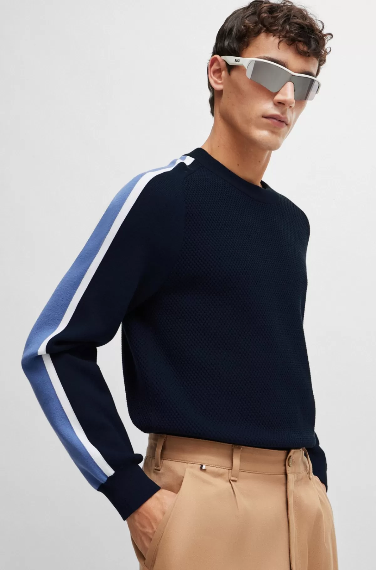 HUGO BOSS Sweater I Bomuld Med Colour Blocking Og Meshdetalje Mørkeblå Cheap